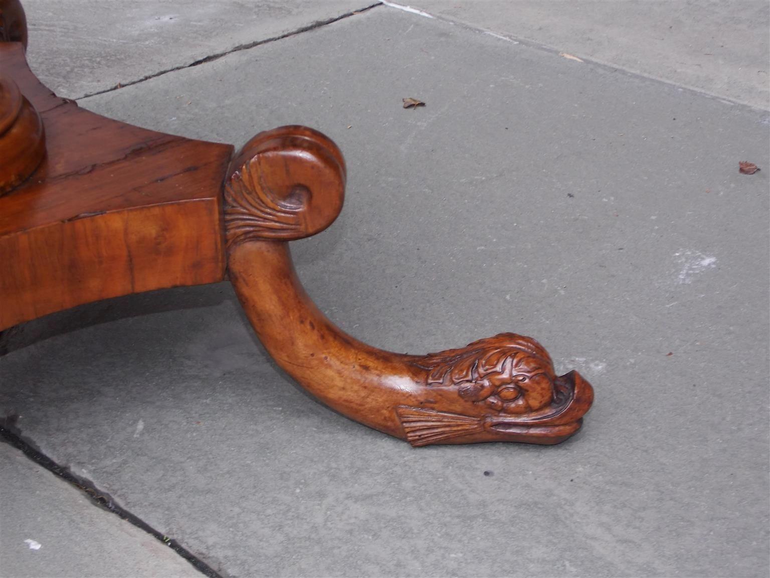 Italian Walnut Hand Painted Faux Marble Center Table with Dolphin Feet, C. 1815 For Sale 1