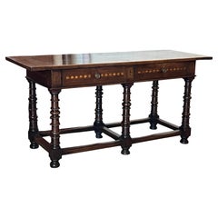 Italian Walnut Inlaid Center Table / Console Table With Turned Legs