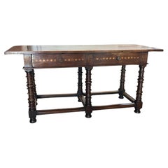 Italian Walnut Inlaid Center Table / Console Table With Turned Legs