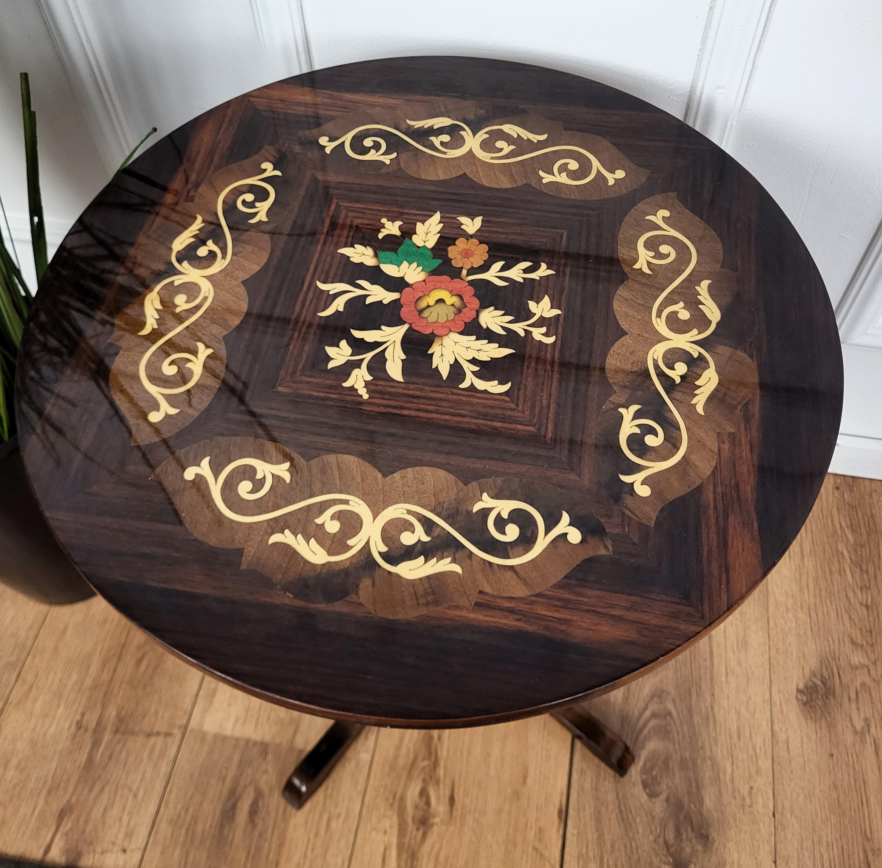 Wood Italian Walnut Inlay Marquetry Round Tripod Sofa or Side Table For Sale