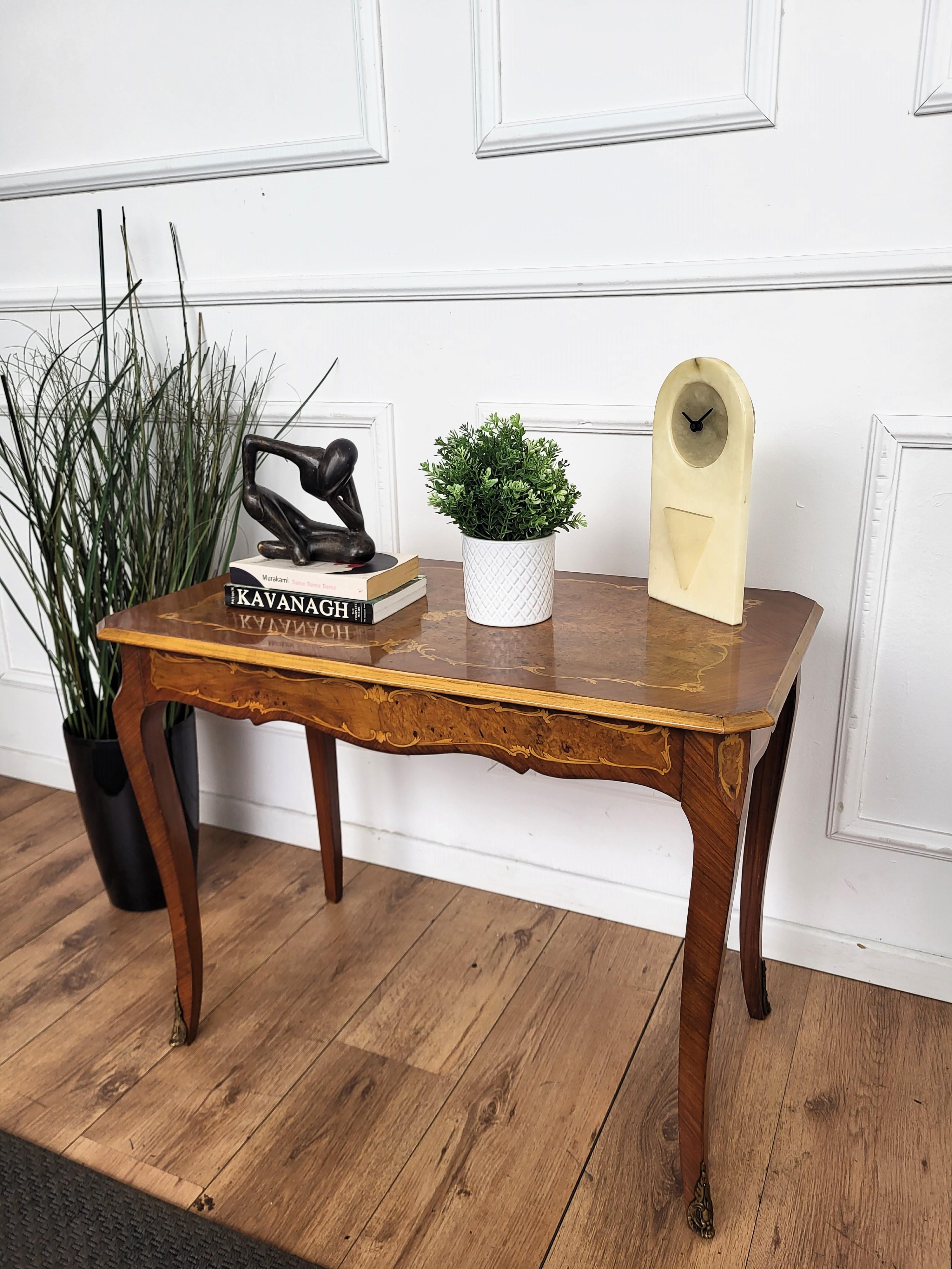 Mid-Century Modern Italian Walnut Inlay Marquetry Saber Legs Sofa or Side Table For Sale