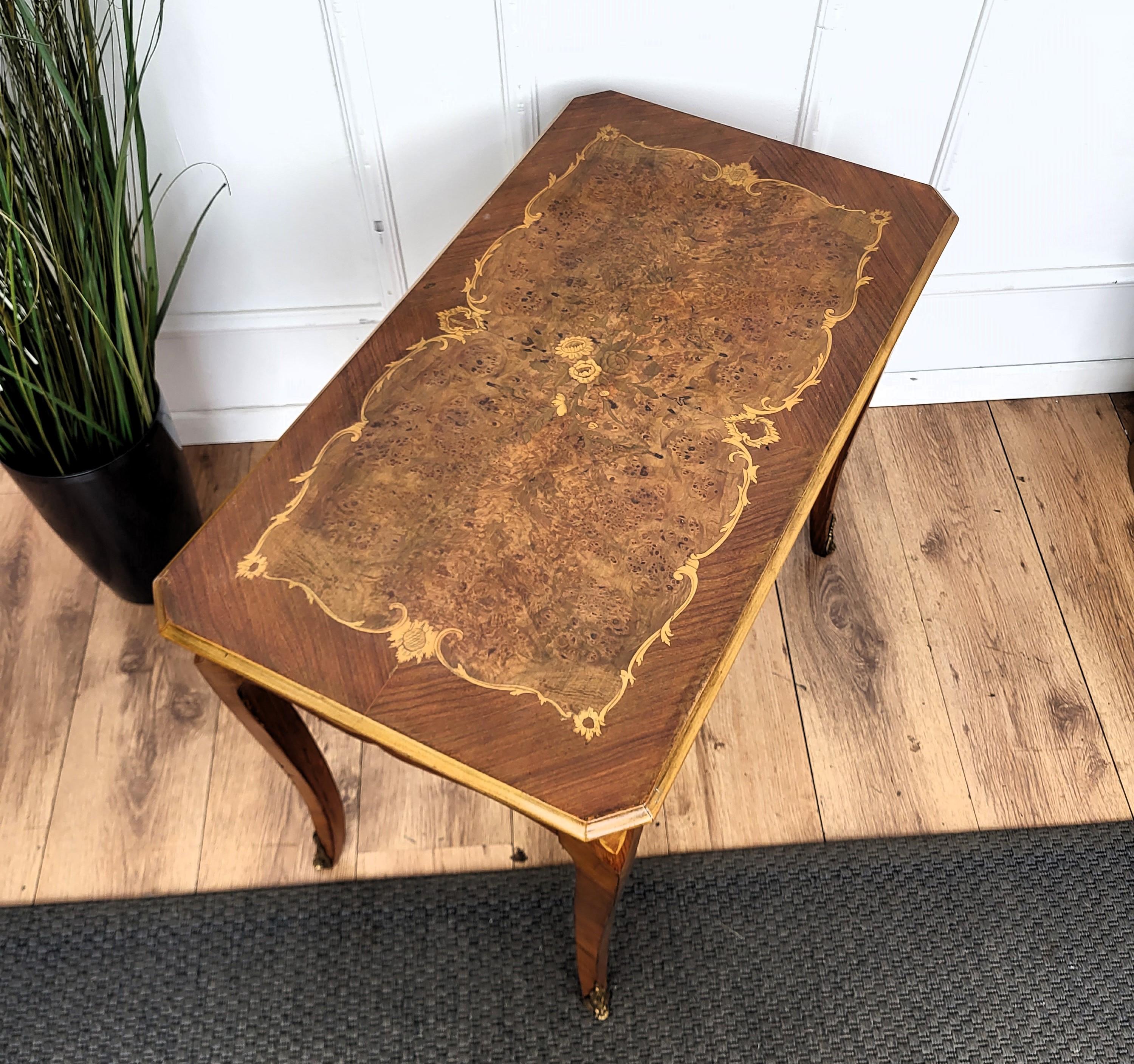 20th Century Italian Walnut Inlay Marquetry Saber Legs Sofa or Side Table For Sale