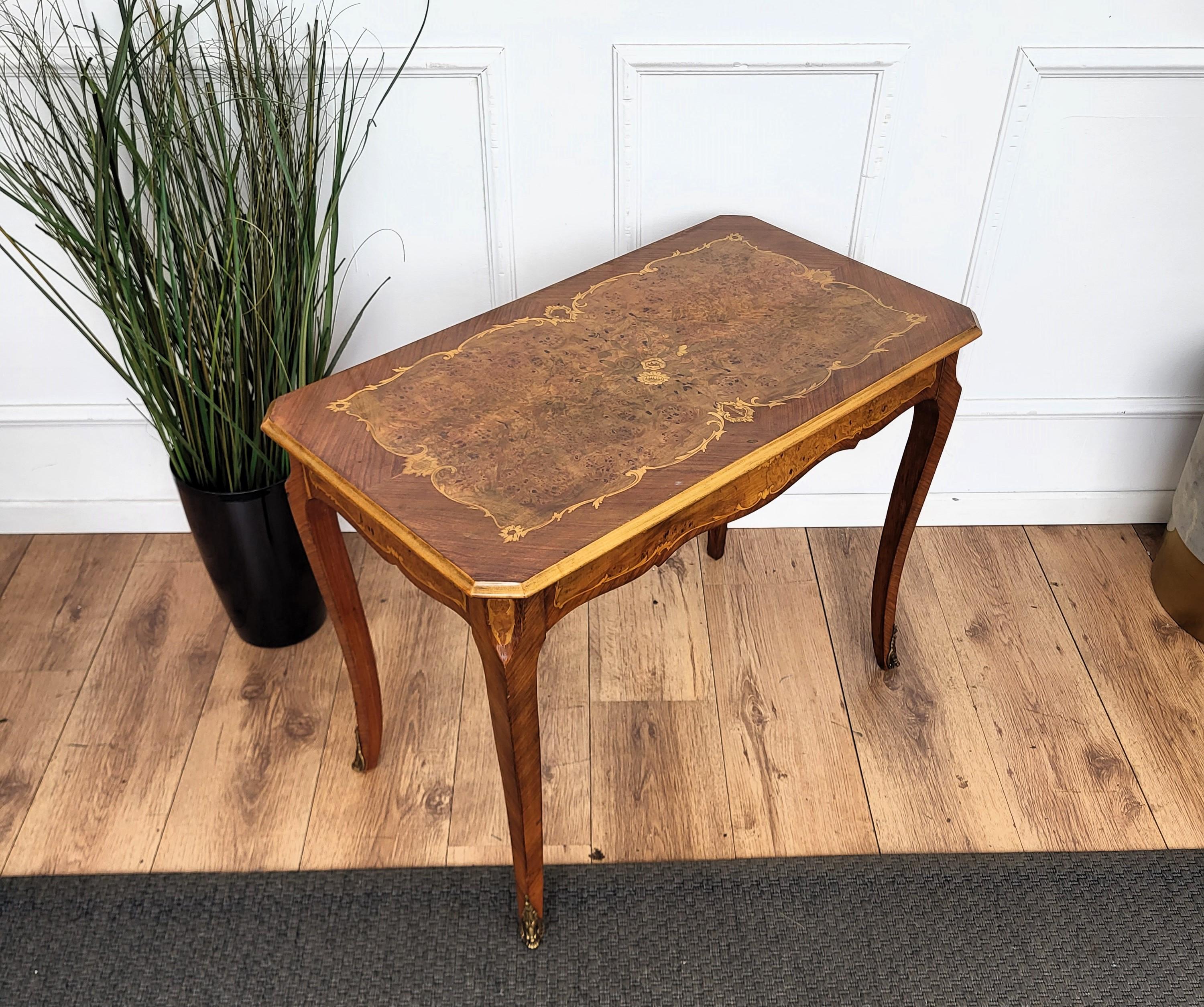 Wood Italian Walnut Inlay Marquetry Saber Legs Sofa or Side Table For Sale