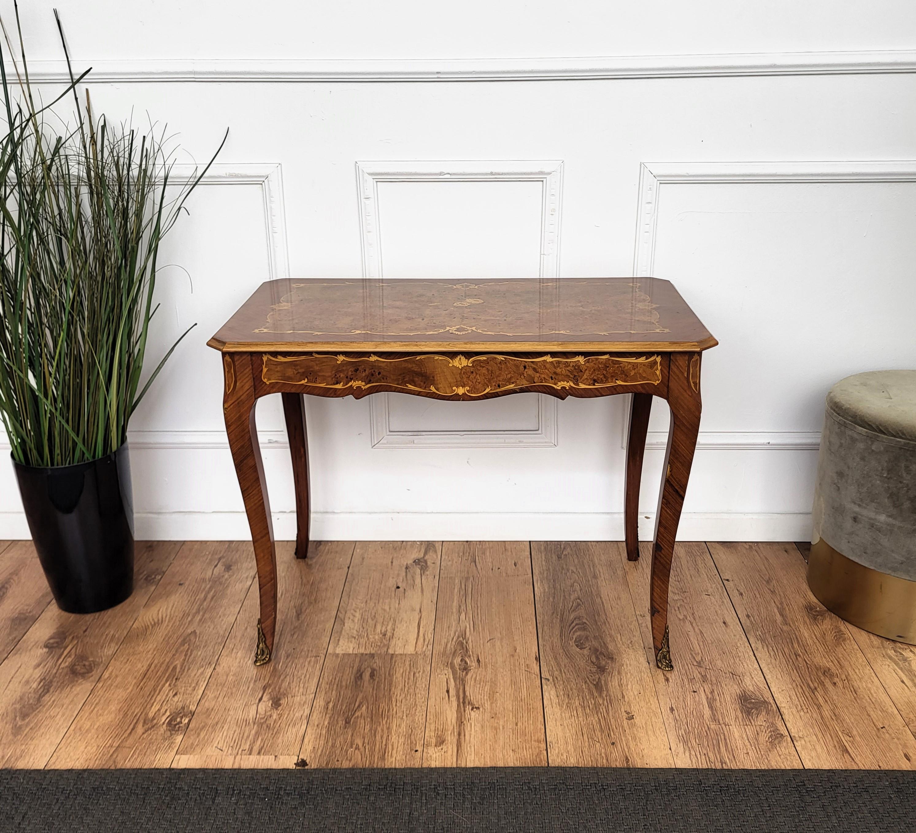 Italian Walnut Inlay Marquetry Saber Legs Sofa or Side Table For Sale 1