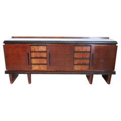 Italian Walnut Long Sideboard with Glass Top, of the Period Art Deco