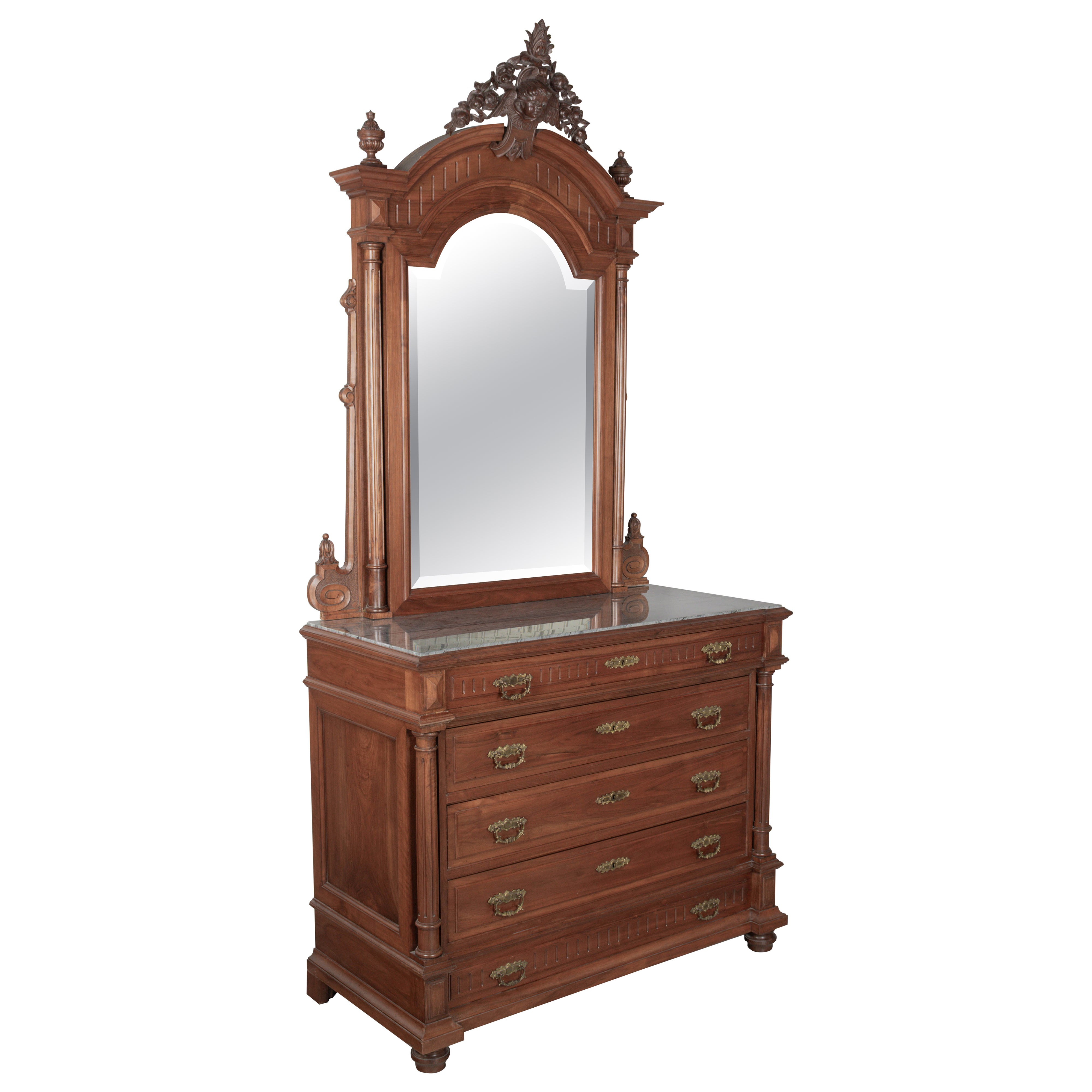 Italian Walnut Marble Top Dresser and Mirror For Sale