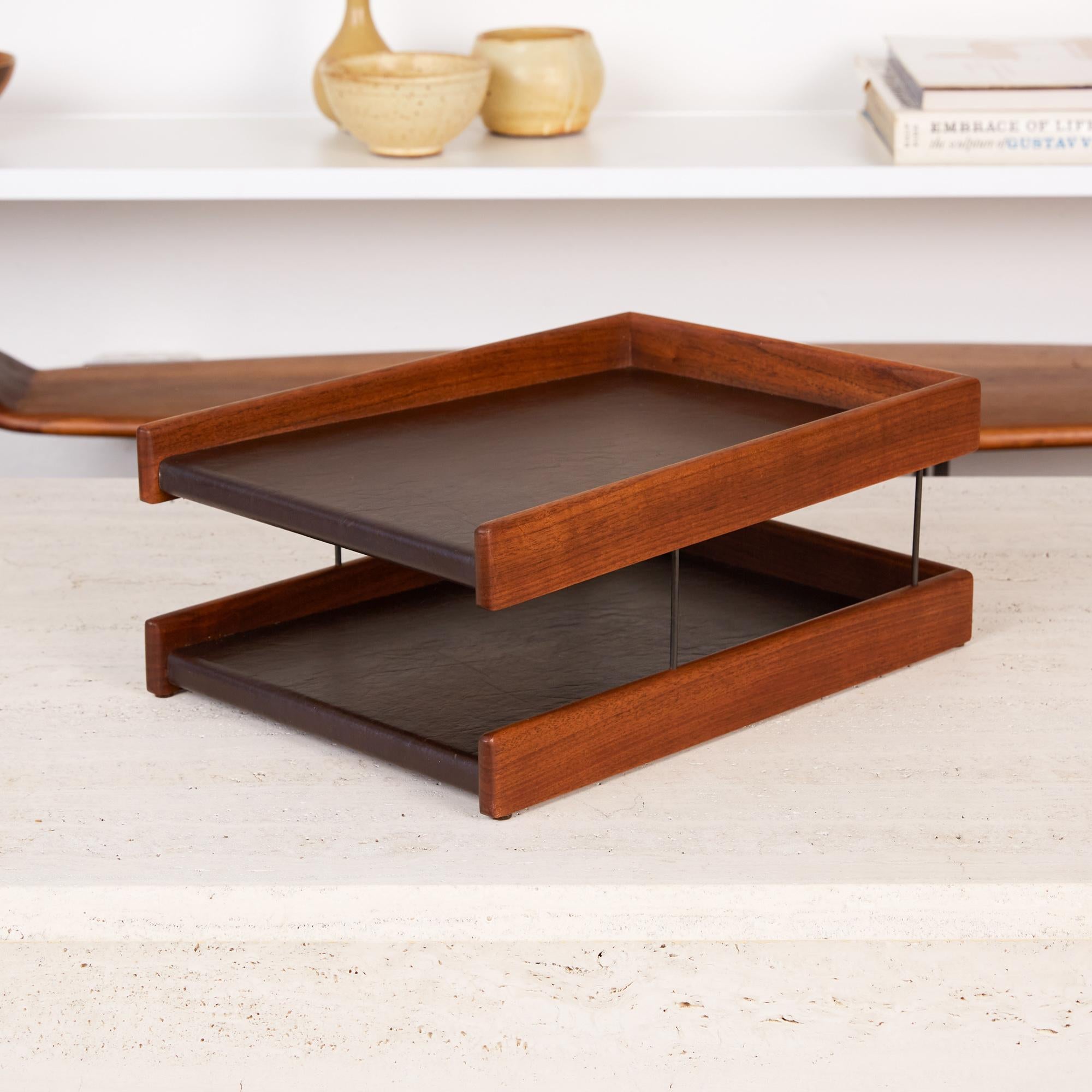 Walnut and vinyl paper tray by DAPCO, Italy, circa 1960s. The tray features dual brown vinyl lined trays, with oiled walnut cases and patinated brass pins supporting the upper tier. Marked Di - DAPCo and model number [5013T-W] on