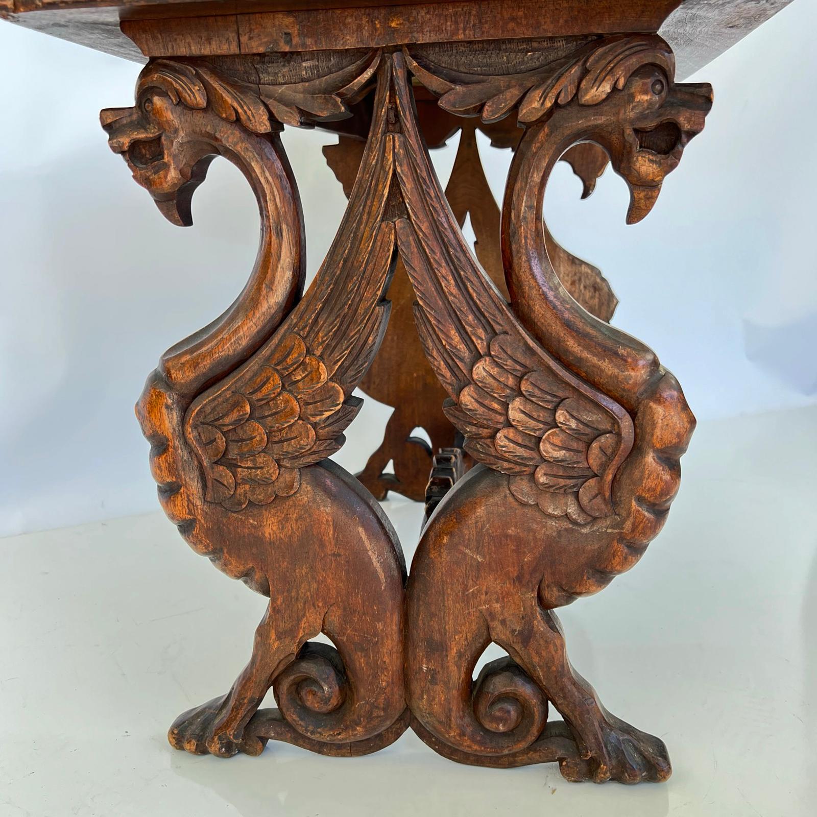 Hand-Carved Italian Walnut Renaissance Style Side Table with Carved Griffin Legs, Marble Top For Sale