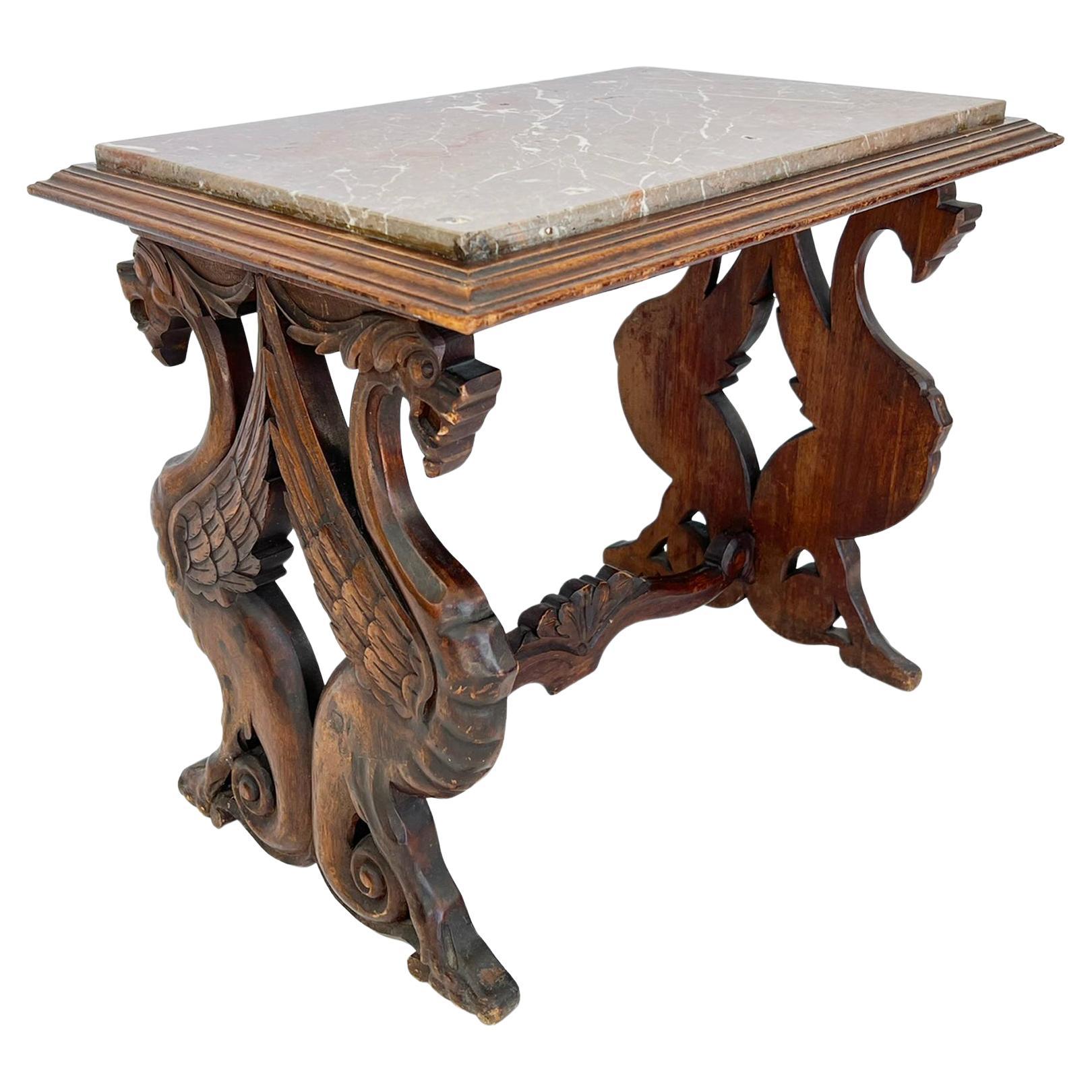 Italian Walnut Renaissance Style Side Table with Carved Griffin Legs, Marble Top For Sale