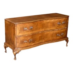 Vintage Italian Walnut Serpentine Low Credenza with Wood Inlay & Two Drawers, 1980s