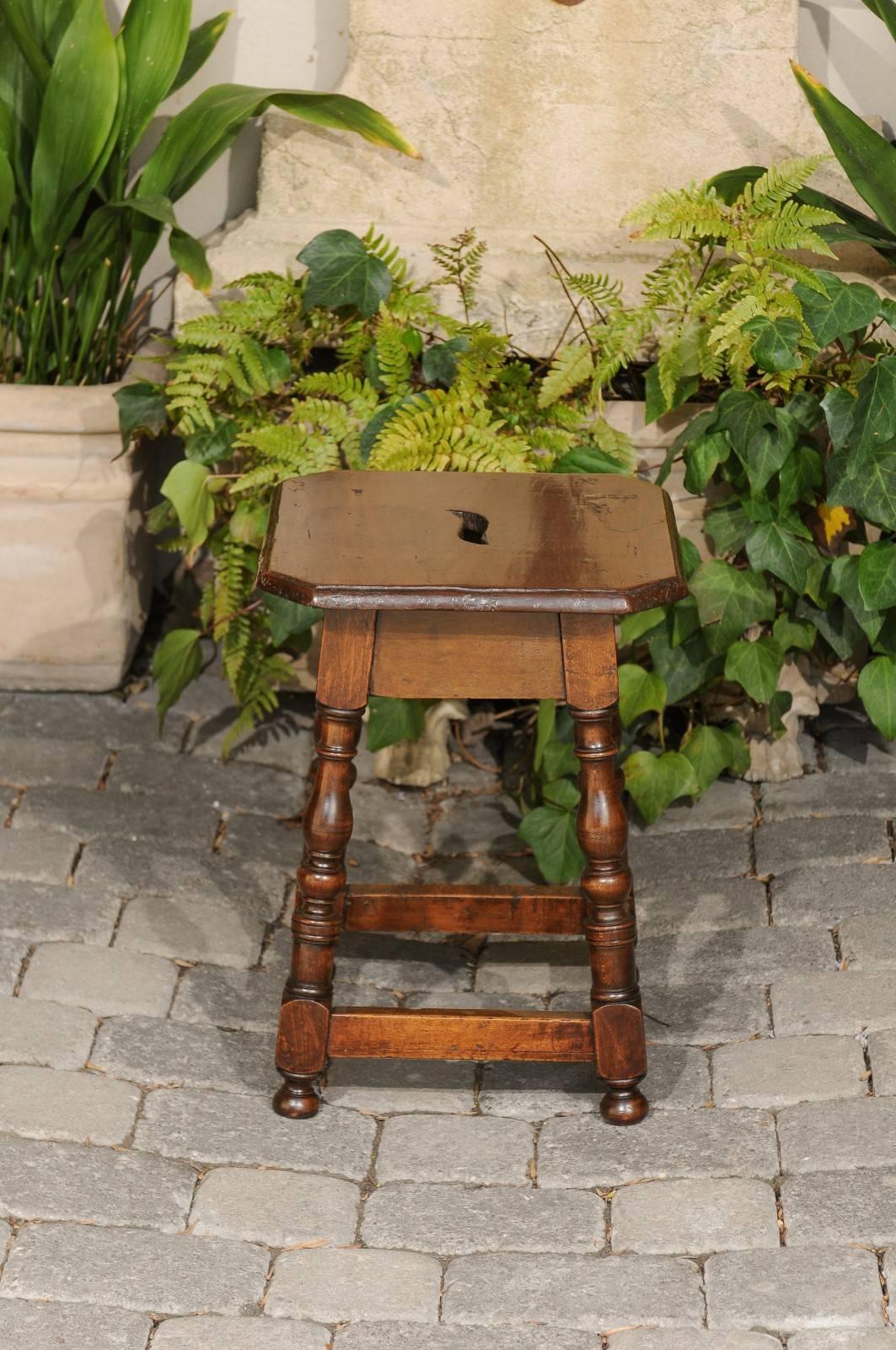 19th Century Italian Walnut Stool with Splayed Legs and Pierced Handle from the 1820s