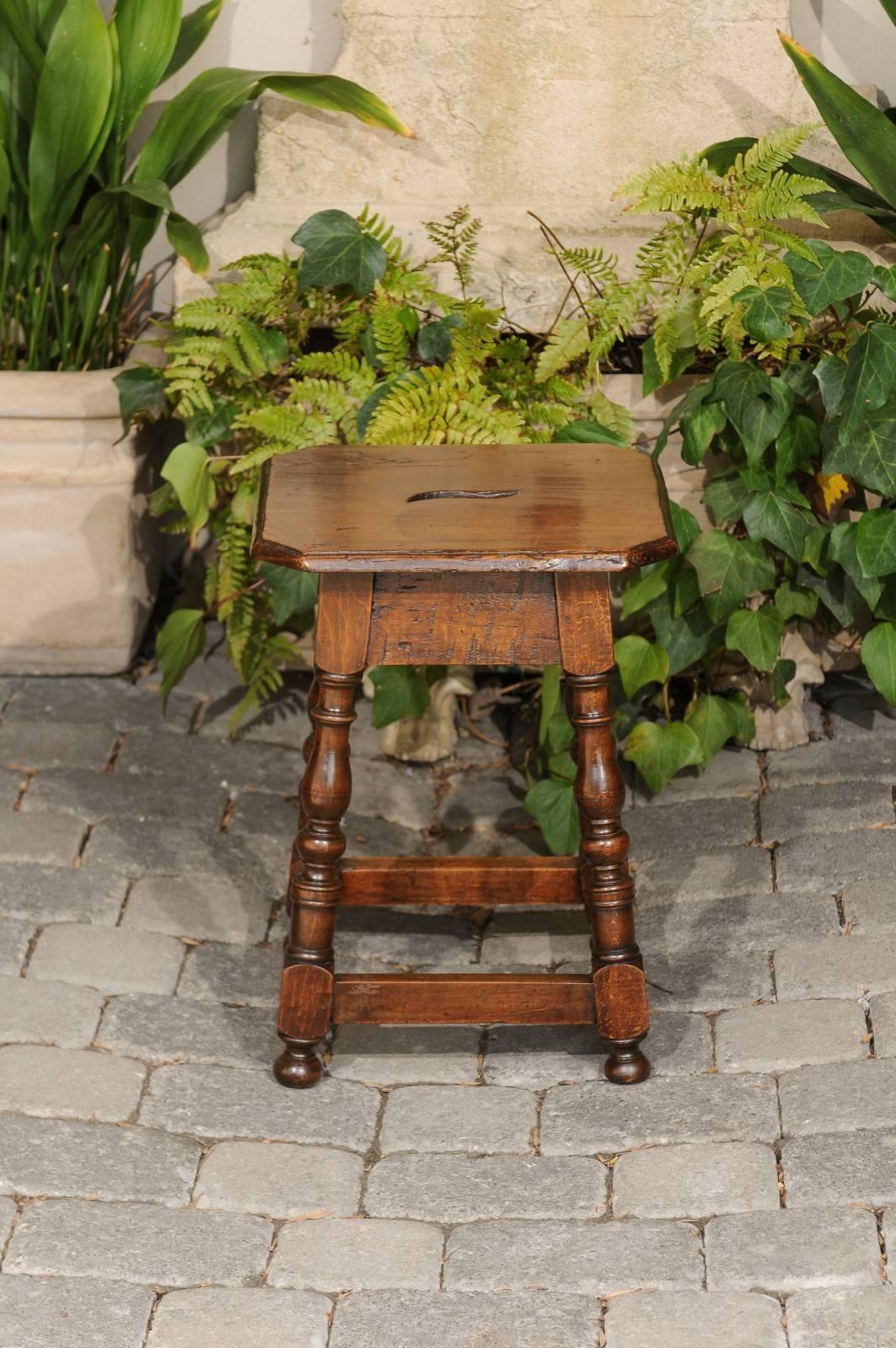 Wood Italian Walnut Stool with Splayed Legs and Pierced Handle from the 1820s