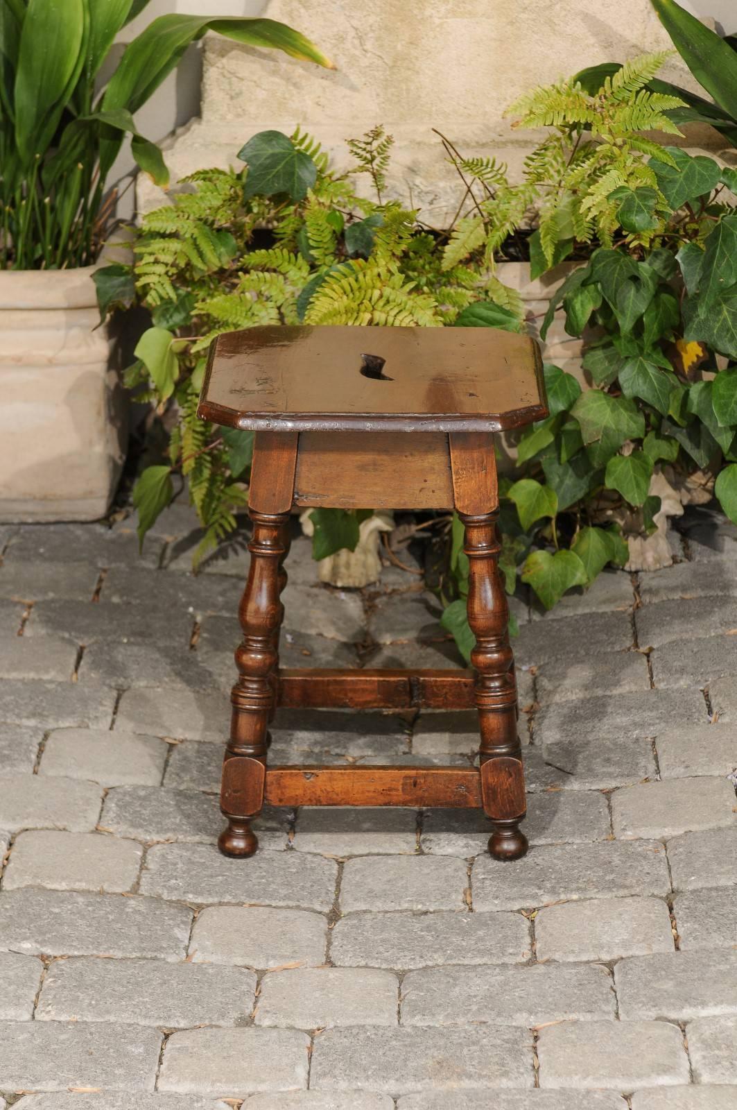 Italian Walnut Stool with Splayed Legs and Pierced Handle from the 1820s 1