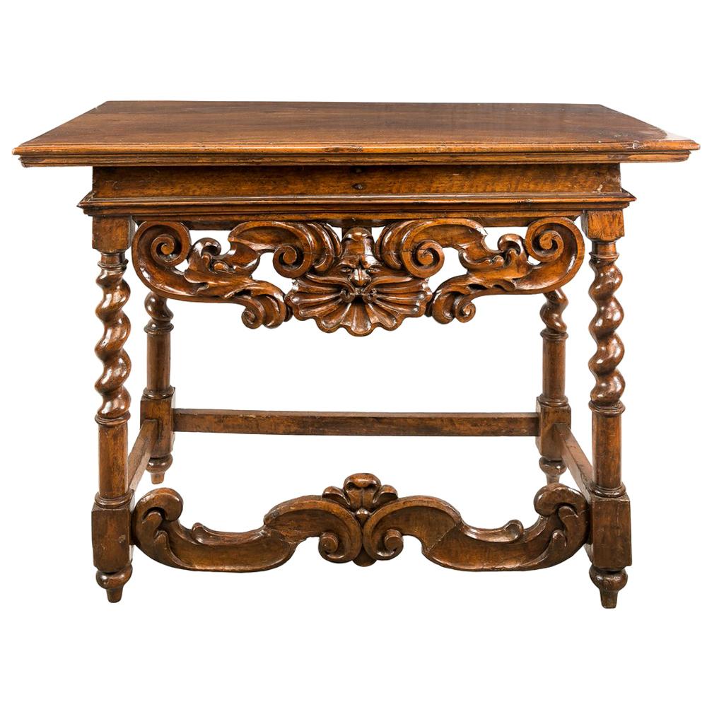 Italian Walnut Table Console, Italy 17th Century Wood Carved For Sale