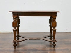 Italian Walnut Table with Star Inlay and Turned Legs, 19th Century