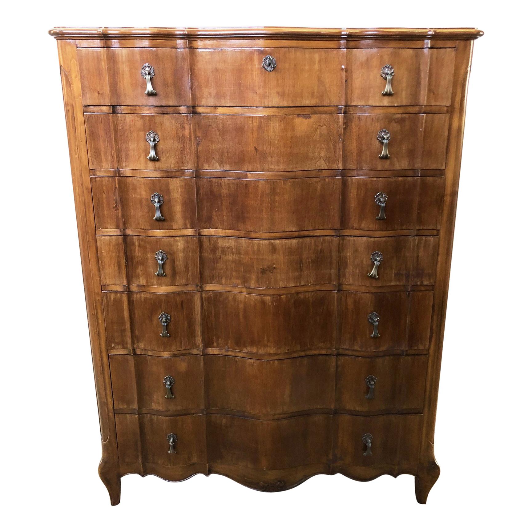 Italian Walnut Tallboy from 1960, Original Curved Shaped Drawers, Period Handles