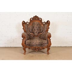 Italian Walnut Throne Chair or Lounge Chair With Leopard Print Upholstery