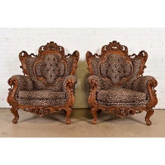 Italian Walnut Throne Chairs or Lounge Chairs With Leopard Print Upholstery