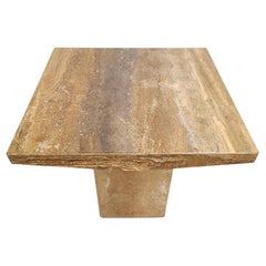 Italian Walnut Travertine Marble Side End Table by Stone International