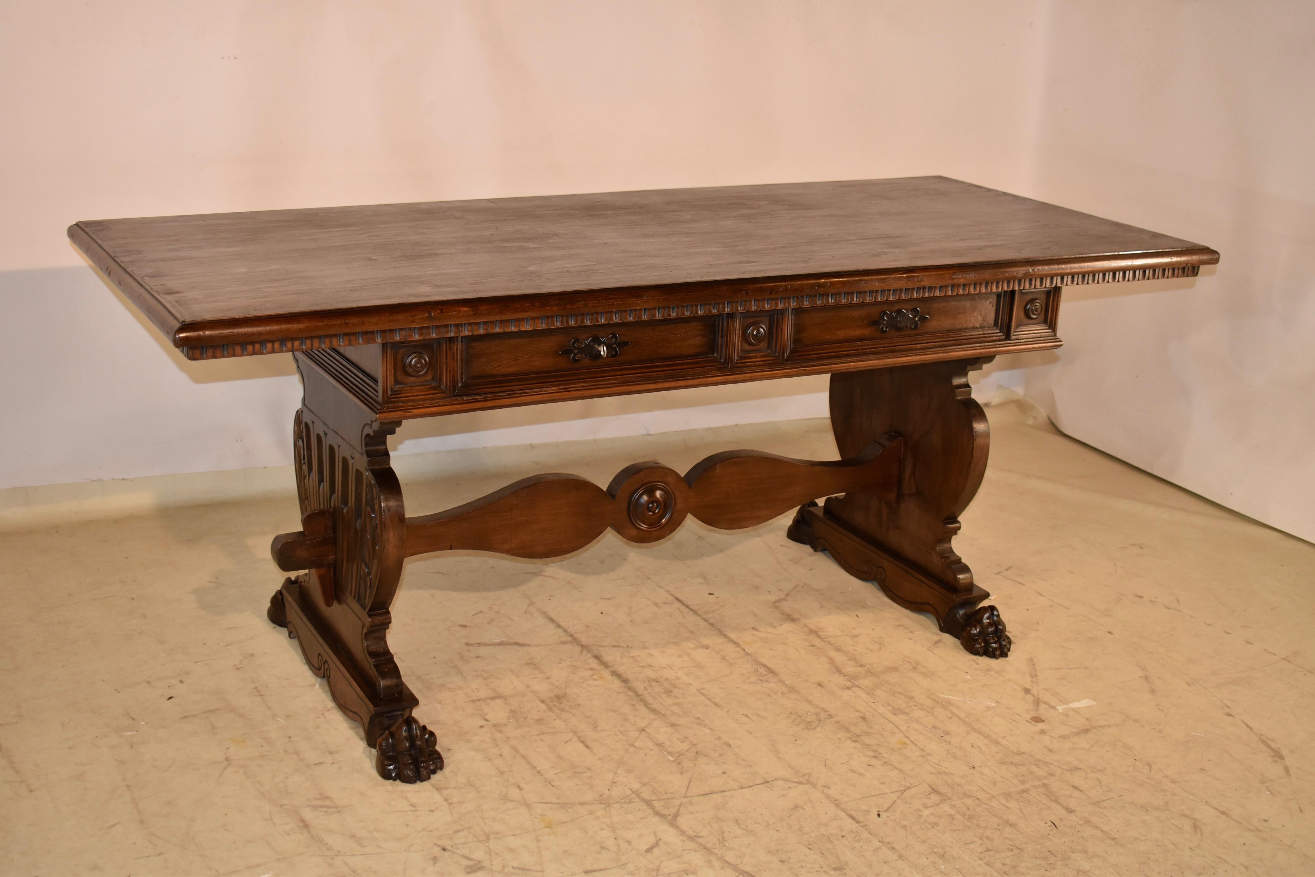 Italian Walnut Trestle Library Table, Circa 1920 In Good Condition For Sale In High Point, NC