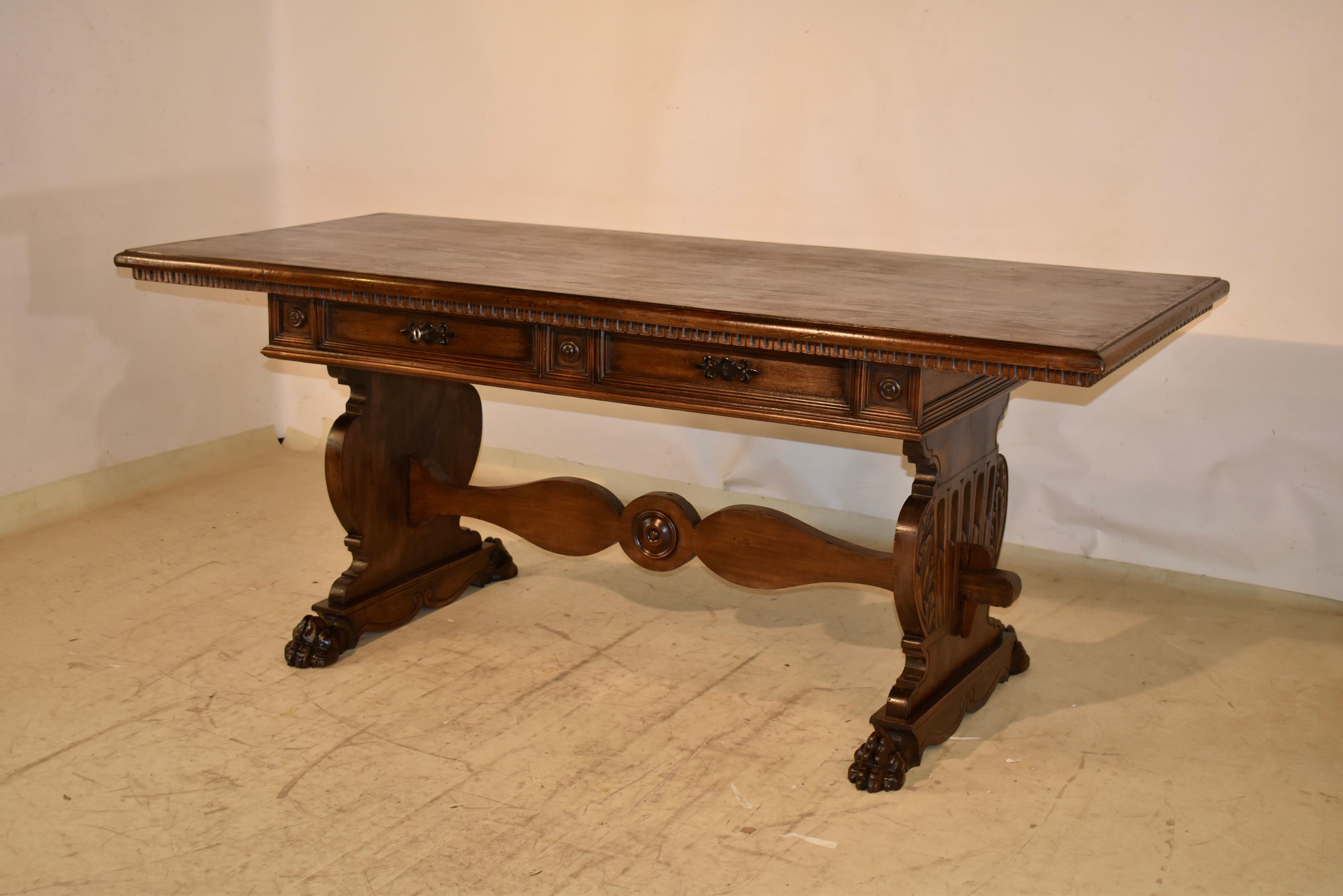 Early 20th Century Italian Walnut Trestle Library Table, Circa 1920 For Sale