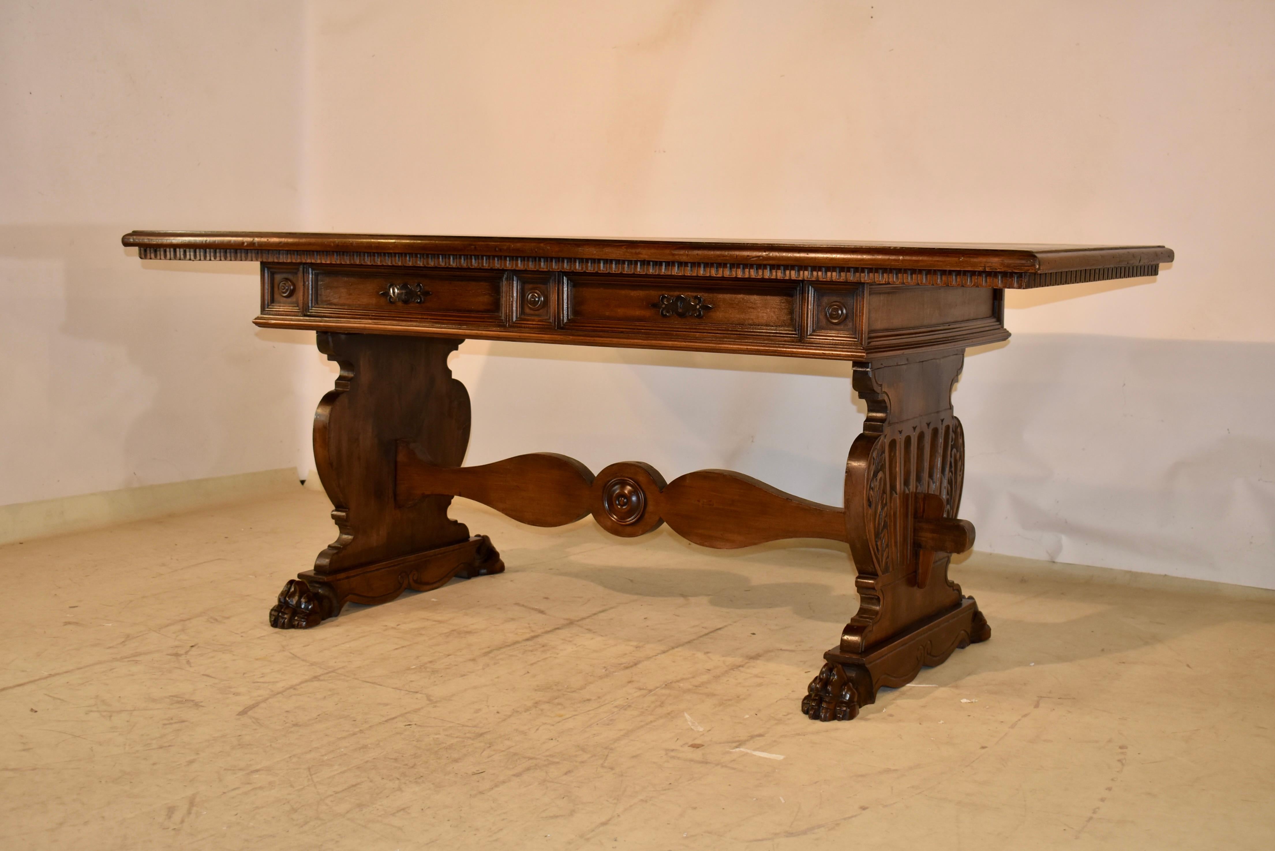 Italian Walnut Trestle Library Table, Circa 1920 For Sale 1