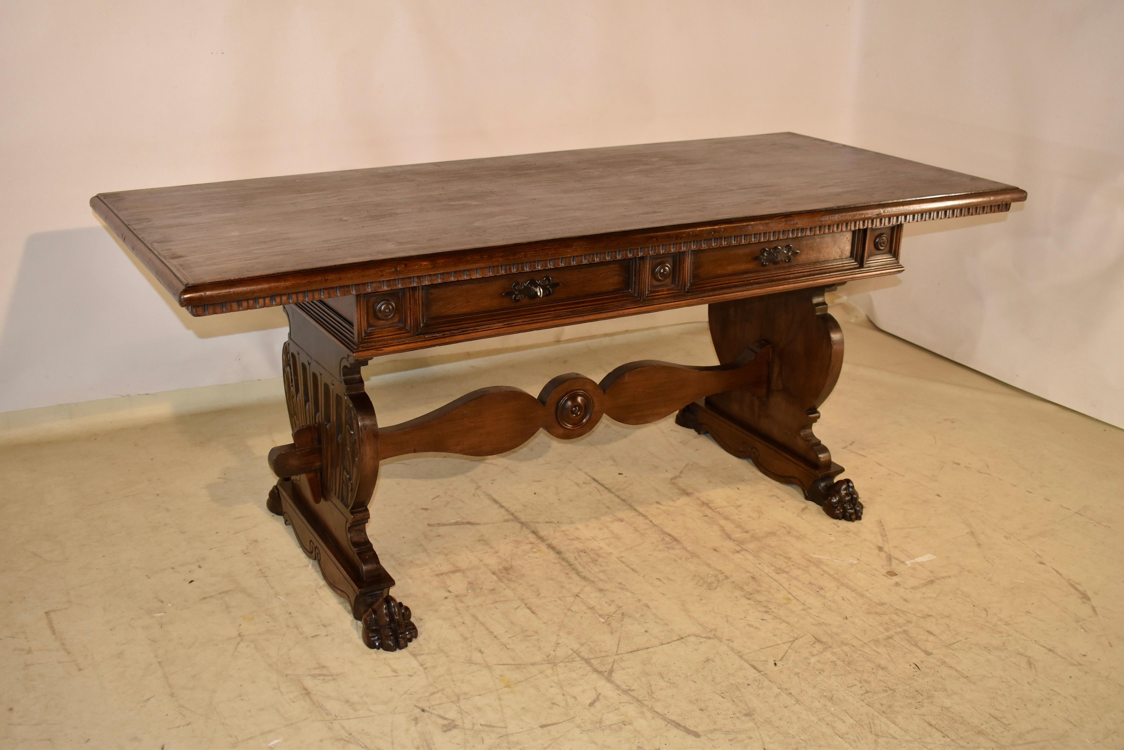 Italian Walnut Trestle Library Table, Circa 1920 For Sale 3