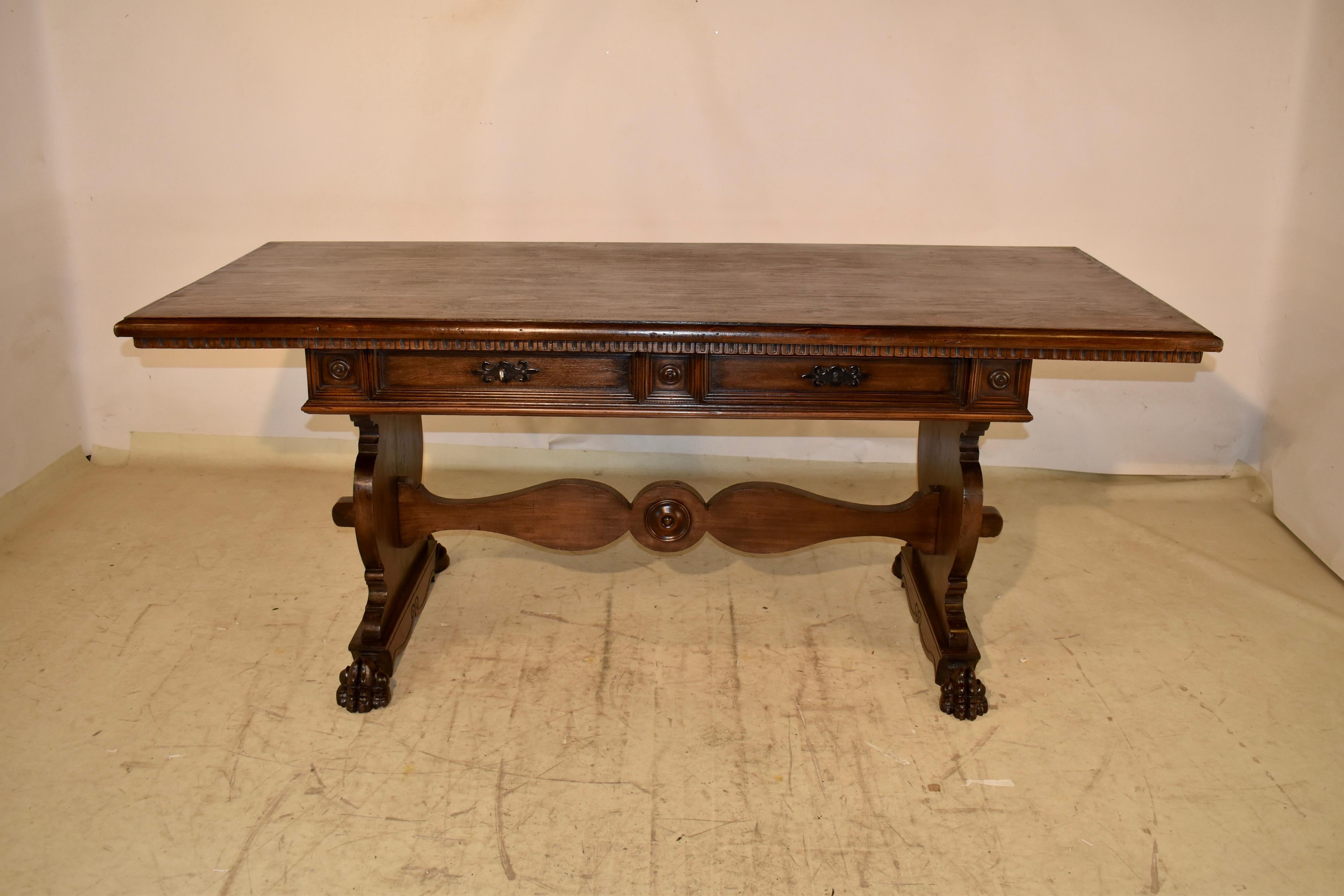 Italian Walnut Trestle Library Table, Circa 1920 For Sale 4