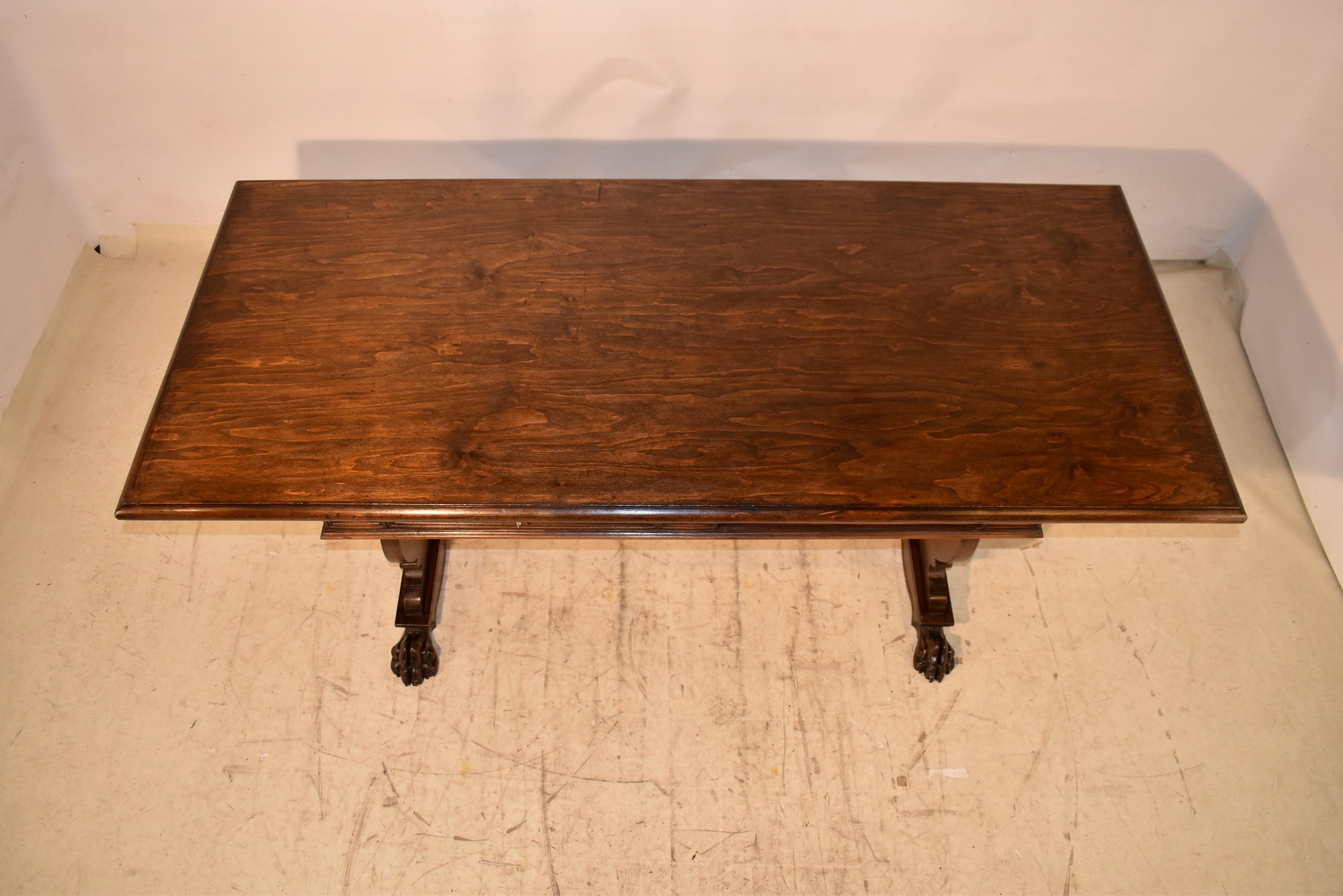 Italian Walnut Trestle Library Table, Circa 1920 For Sale 5