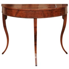 Italian Walnut Veneered Demilune Console Table, circa 1840 with Curved Legs