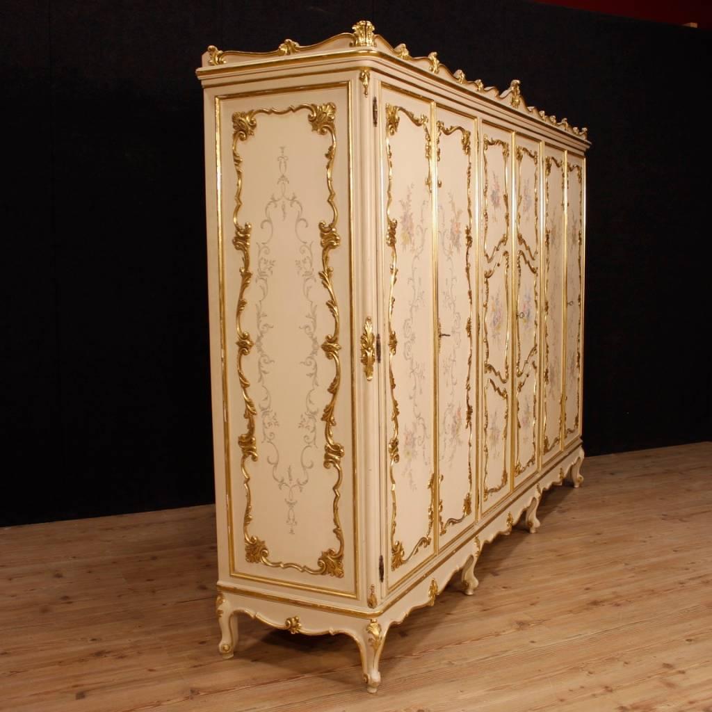 Italian Wardrobe in Lacquered, Gilt and Painted Wood with Six Doors 20th Century 5