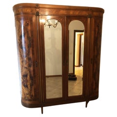 Italian wardrobe with three doors, in walnut, curved on the sides, art deco
