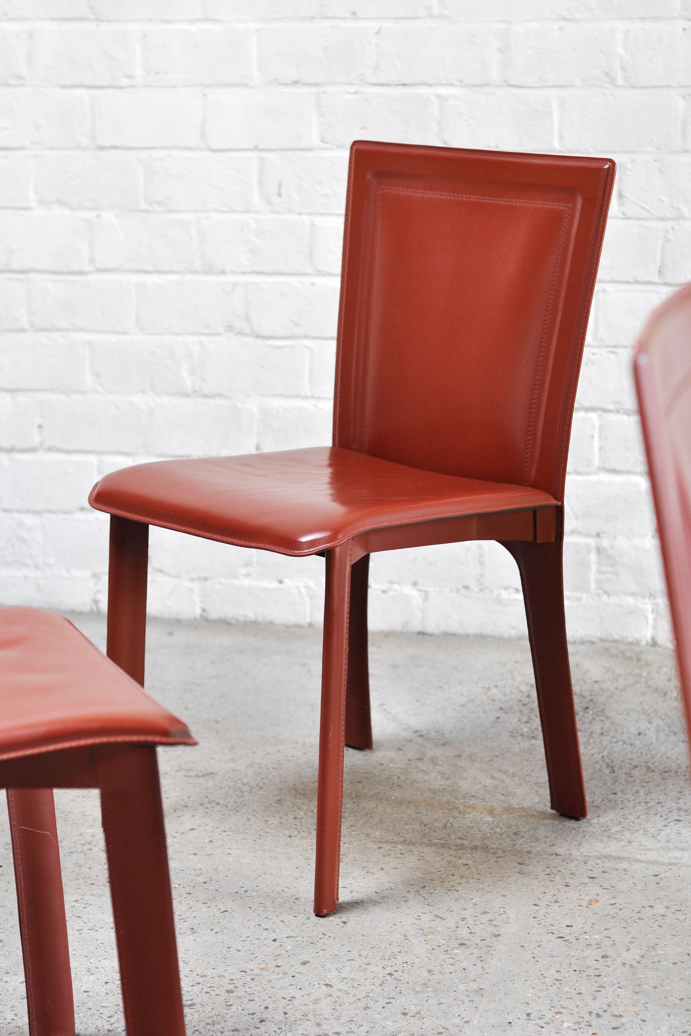 Italian Warm Red Leather Dining Chairs in the Style of Mario Bellini, 1980s 6