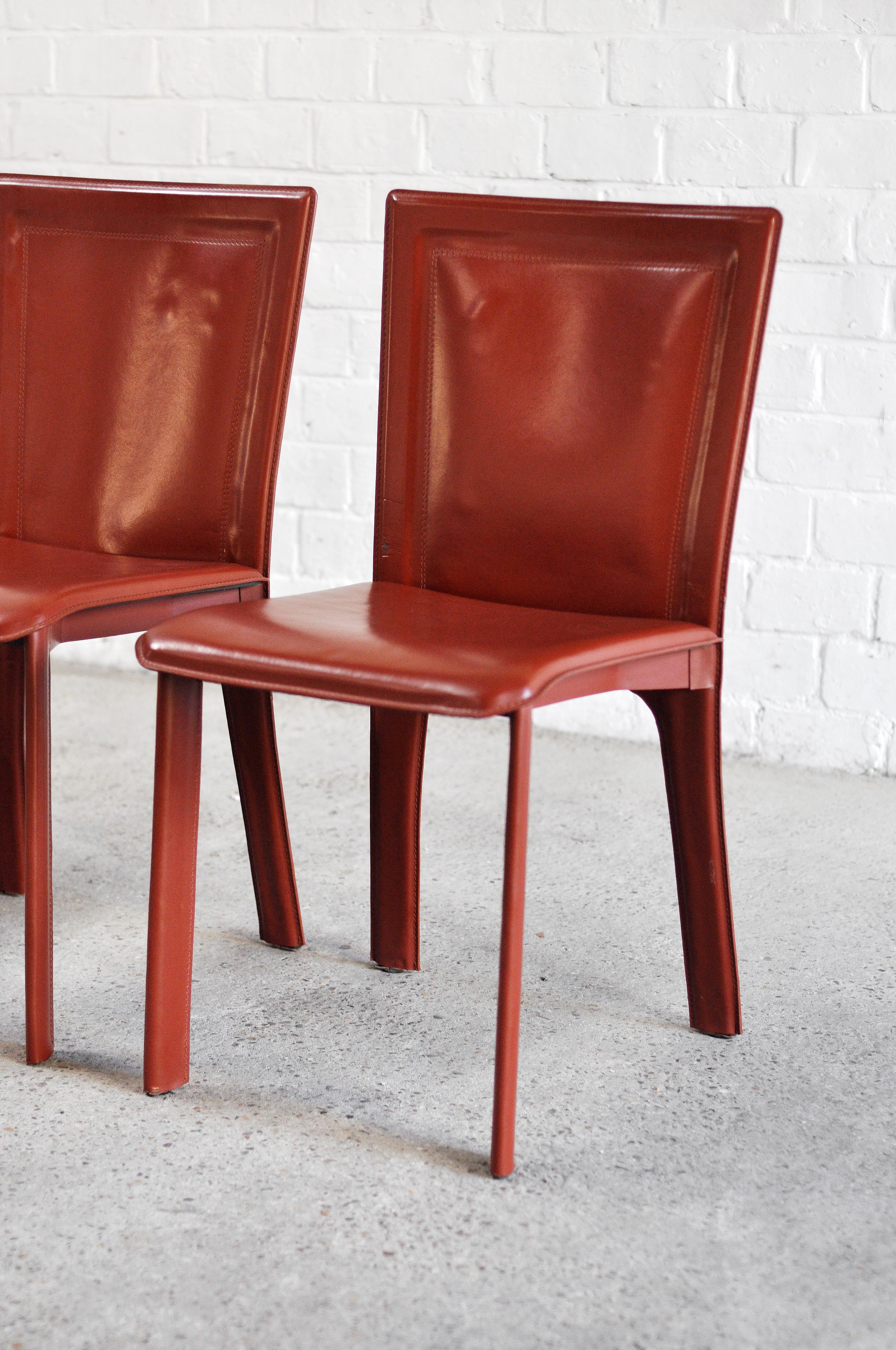 Mid-Century Modern Italian Warm Red Leather Dining Chairs in the Style of Mario Bellini, 1980s