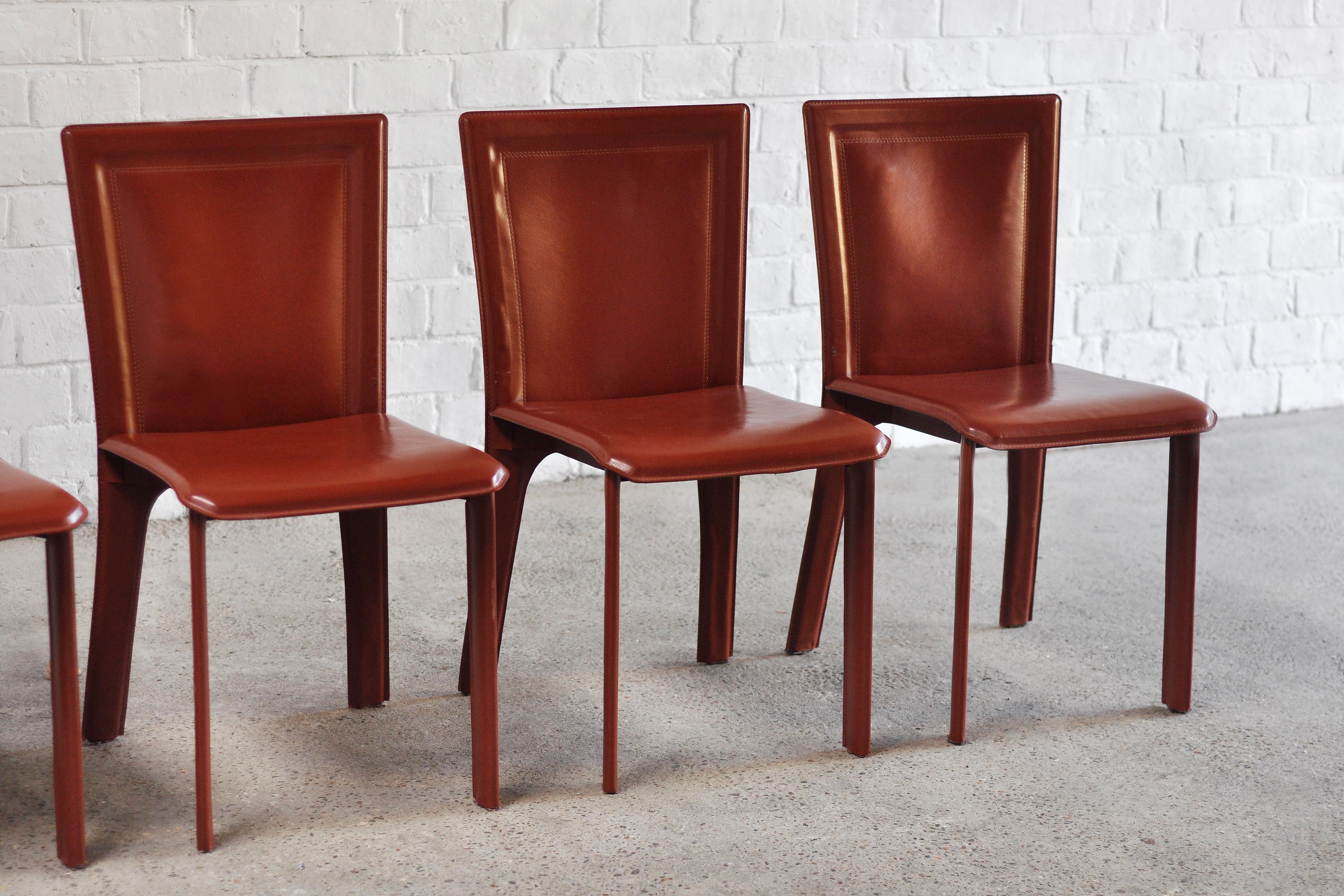 Italian Warm Red Leather Dining Chairs in the Style of Mario Bellini, 1980s In Good Condition In Zwijndrecht, Antwerp