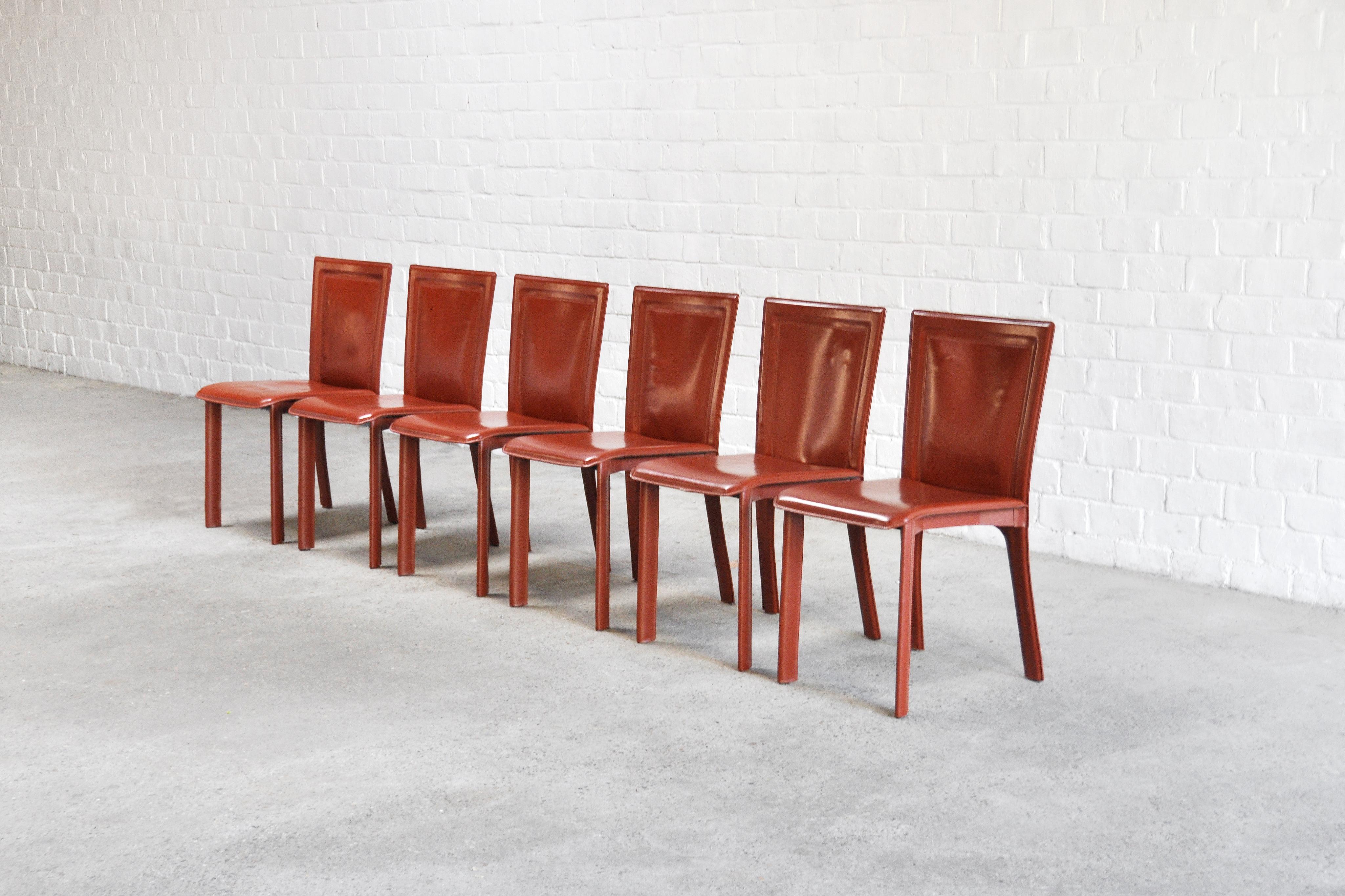 20th Century Italian Warm Red Leather Dining Chairs in the Style of Mario Bellini, 1980s
