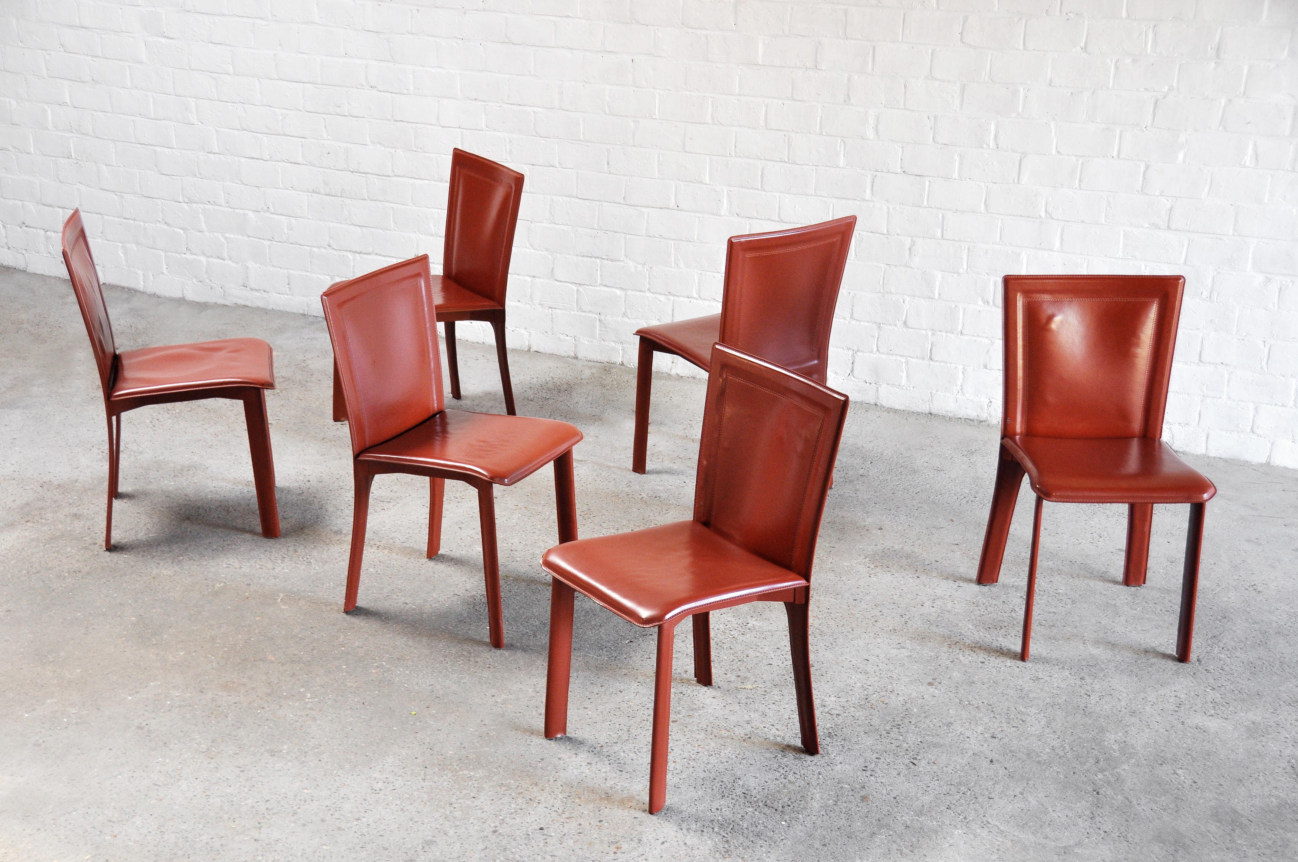 Italian Warm Red Leather Dining Chairs in the Style of Mario Bellini, 1980s 1