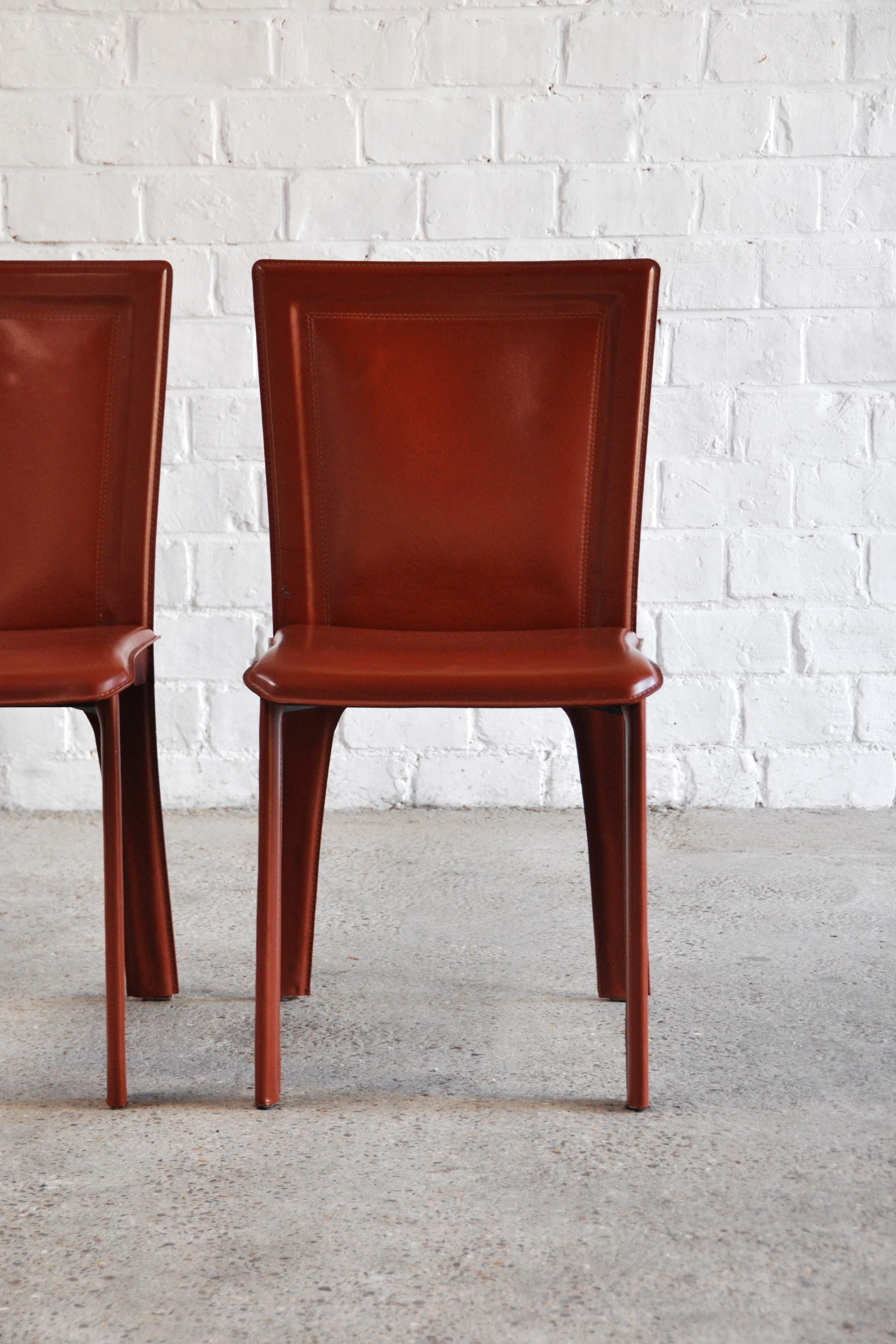 Italian Warm Red Leather Dining Chairs in the Style of Mario Bellini, 1980s 2