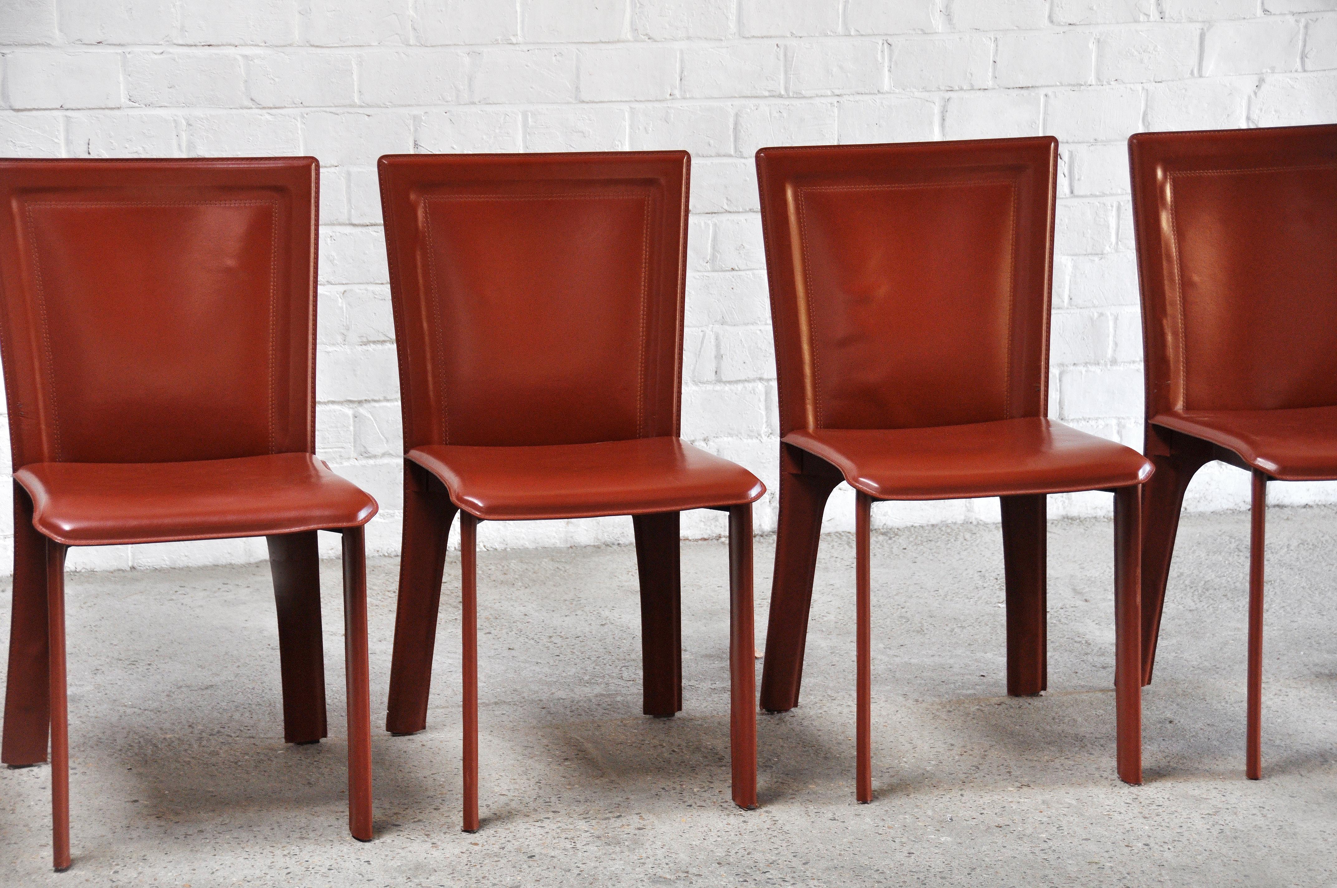 Italian Warm Red Leather Dining Chairs in the Style of Mario Bellini, 1980s 3