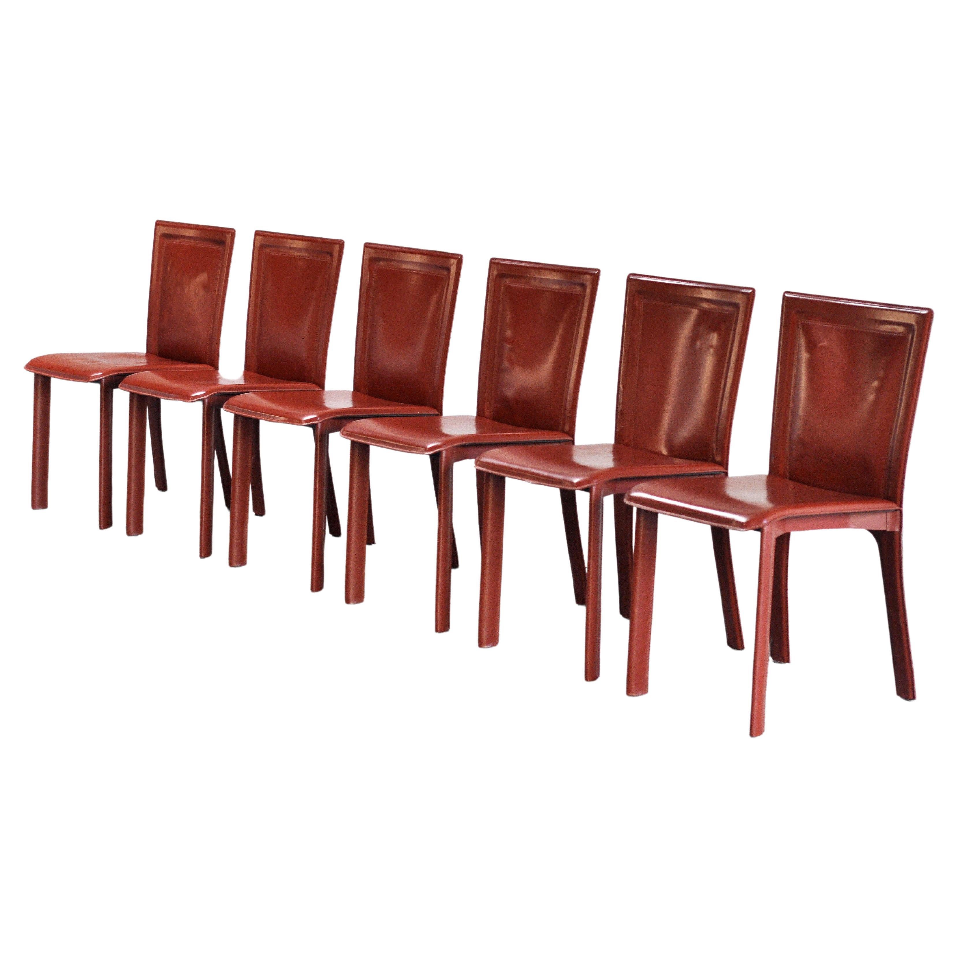 Italian Warm Red Leather Dining Chairs in the Style of Mario Bellini, 1980s