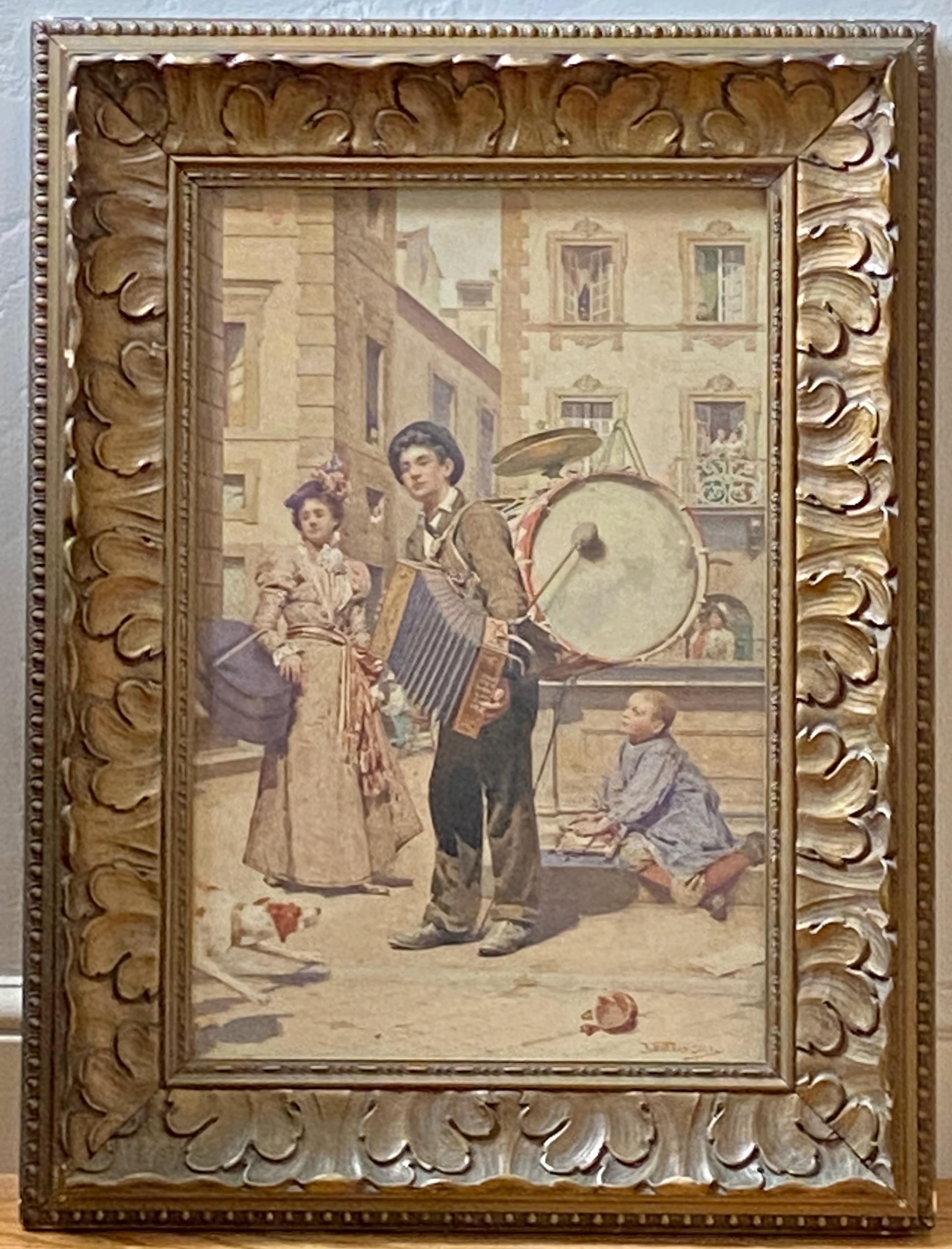 Painting of an Italian street scene with a musician.
Framed oil on paper behind glass.
Signed V Baldancoli lower right.
Vittorio Baldancoli (19th century) was active/lived in Italy. 
In very good condition, possibly some light fading.