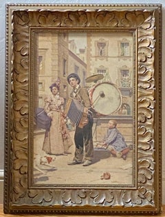 Italian Water Color Painting Street Scene Musician Signed Vittorio Baldancoli