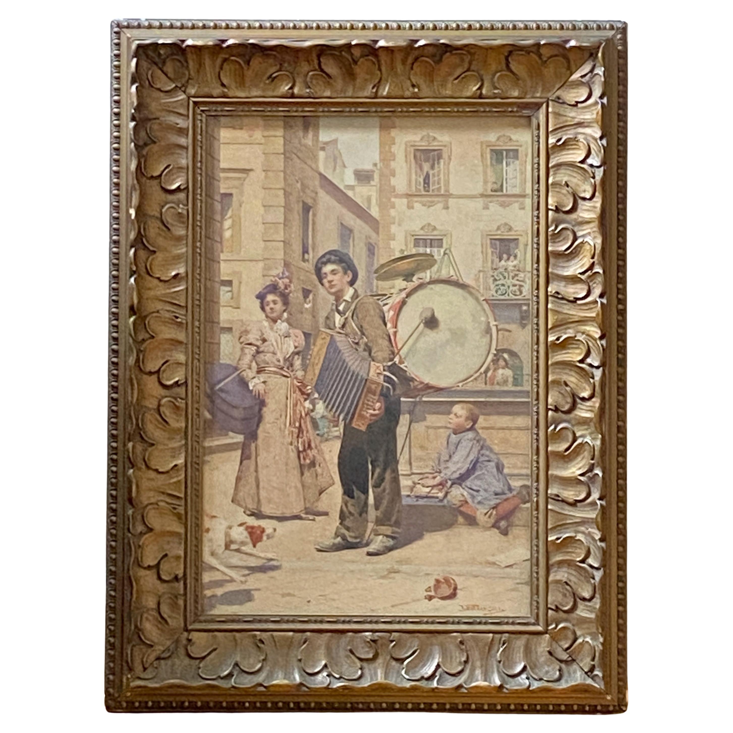 Italian Water Color Painting Street Scene Musician Signed Vittorio Baldancoli For Sale