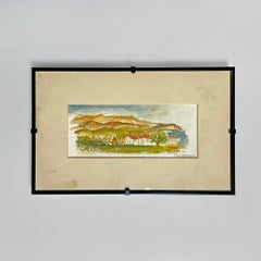 Italian watercolor countryside landscape painting with black wooden frame, 1990s