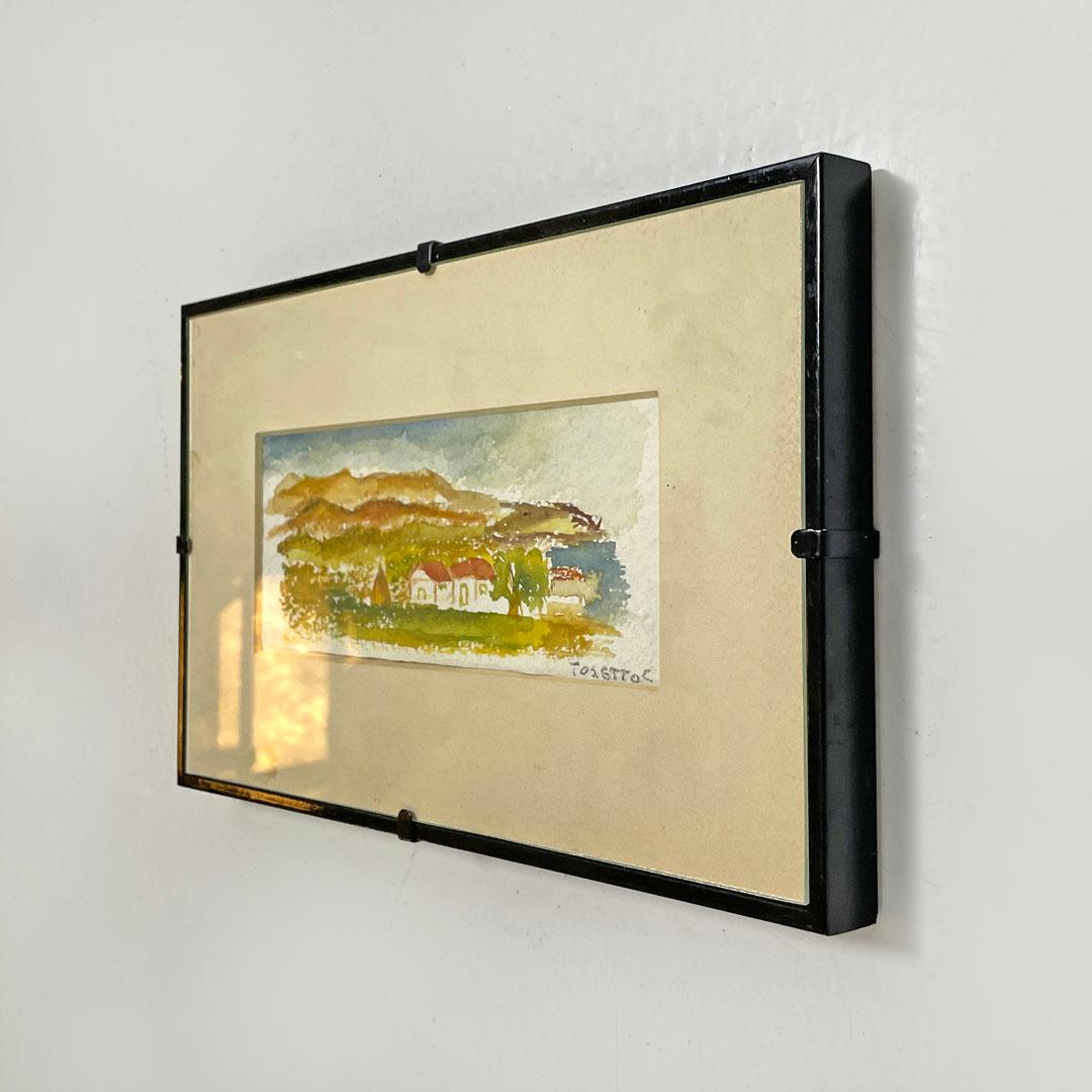 Italian watercolor countryside landscape painting with black wooden frame, 1990s In Good Condition For Sale In MIlano, IT