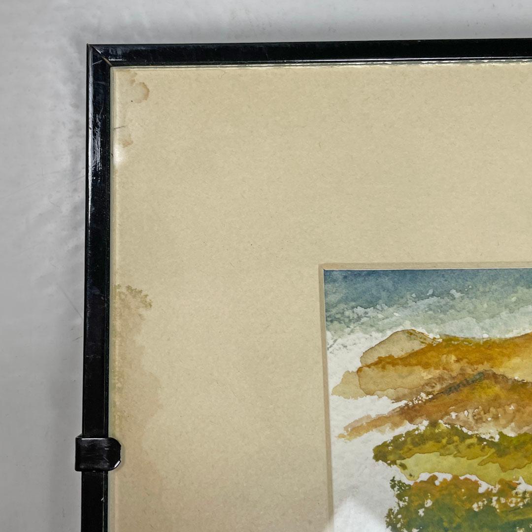 Italian watercolor countryside landscape painting with black wooden frame, 1990s For Sale 1