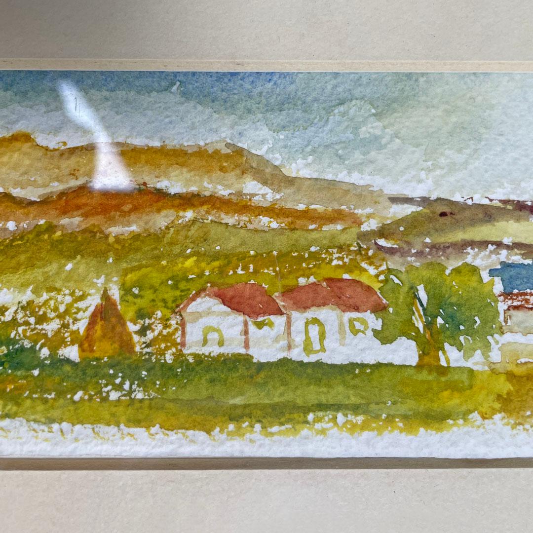 Italian watercolor countryside landscape painting with black wooden frame, 1990s For Sale 2