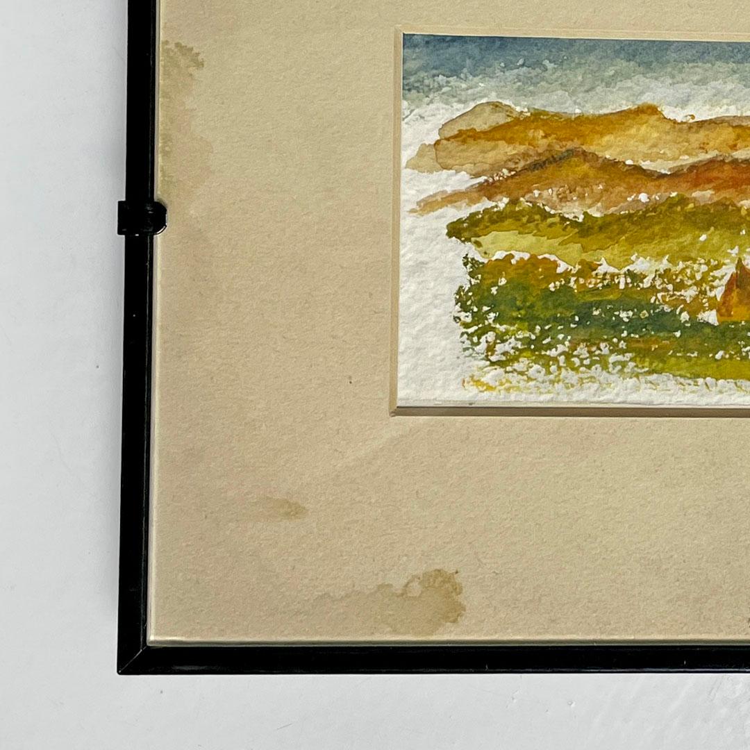 Peinture aquarelle italienne de paysage de campagne avec cadre en bois noir, années 1990 en vente 3