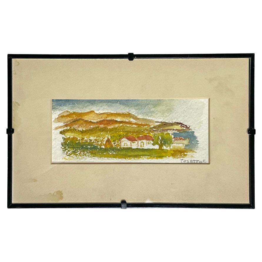 Italian watercolor countryside landscape painting with black wooden frame, 1990s For Sale