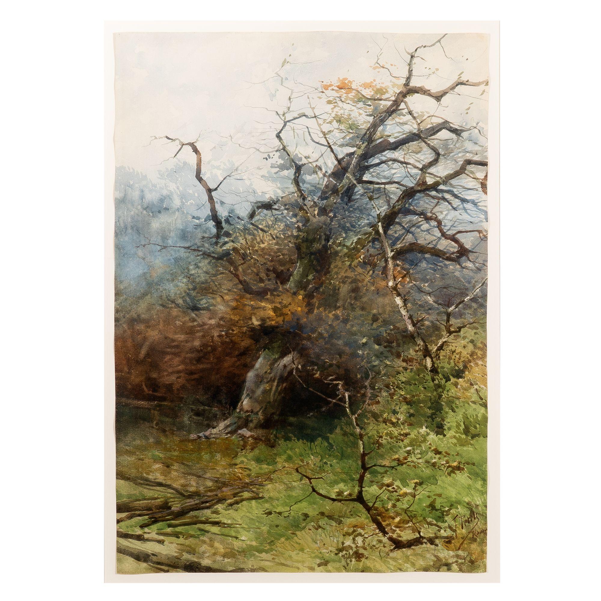 Roman forest landscape, rendered in watercolor on laid paper. The work has received archival treatment, including de-acidification from the acid transfer of pulp matting. Float mounted on archival mat with deep bevel under UV filtering plexiglass.